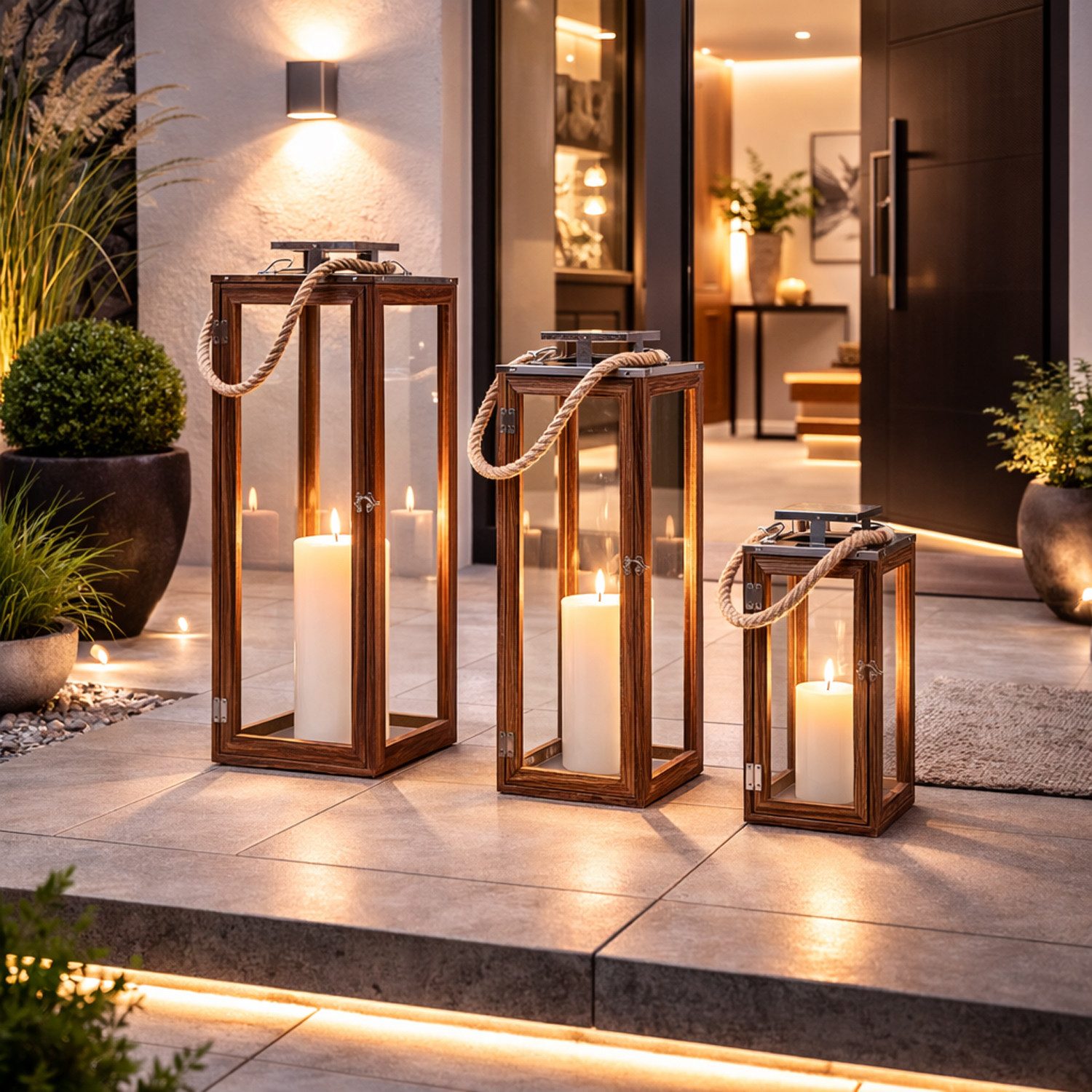 Mojawo Laterne 3er XXL Holz-Laternen-Set Windlicht Gartenlaterne Edelstahldach
