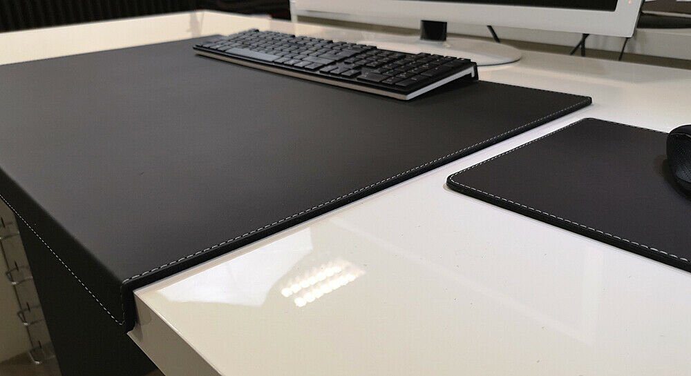 Profi Mats Schreibtischunterlage gewinkelt + Mauspad Echt Leder Schwarz silber Naht 90x47