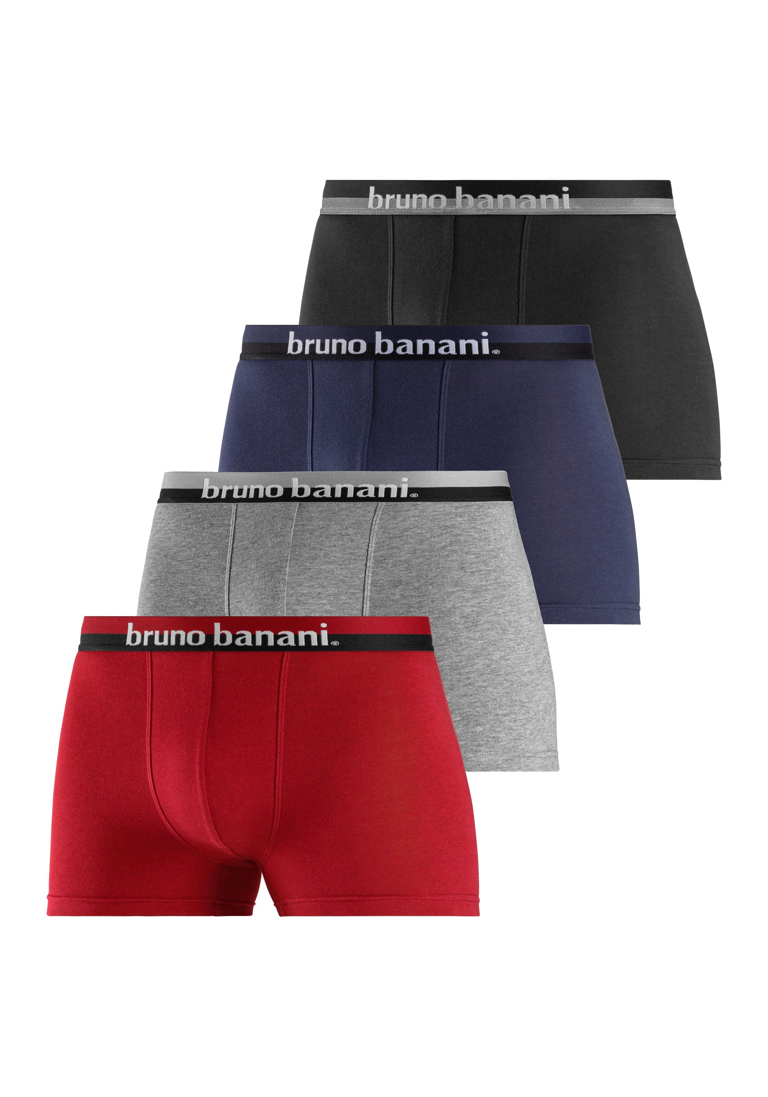 Bruno Banani Boxer rot, dem auf 4-St) mit schwarz (Packung, grau-meliert, Bund Logo-Druck erhabenem bordeaux