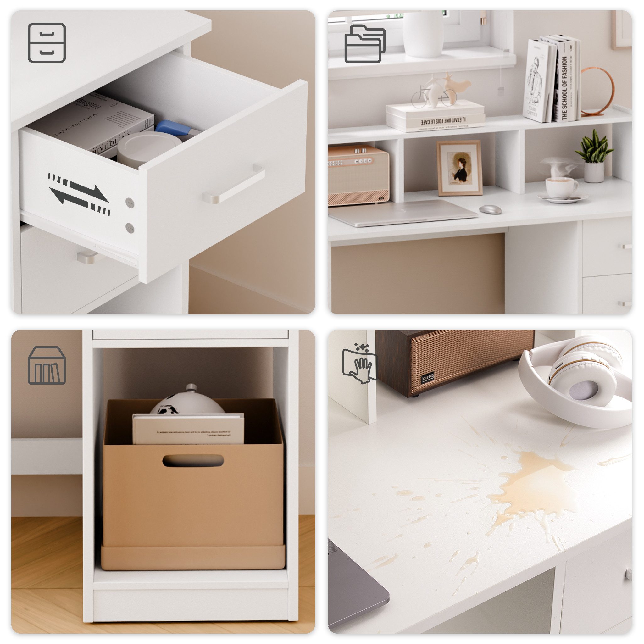 Mondeer Schreibtisch Computertisch, mit 2 Schubladen, Regal & Schrank 105x94x48cm Weiß