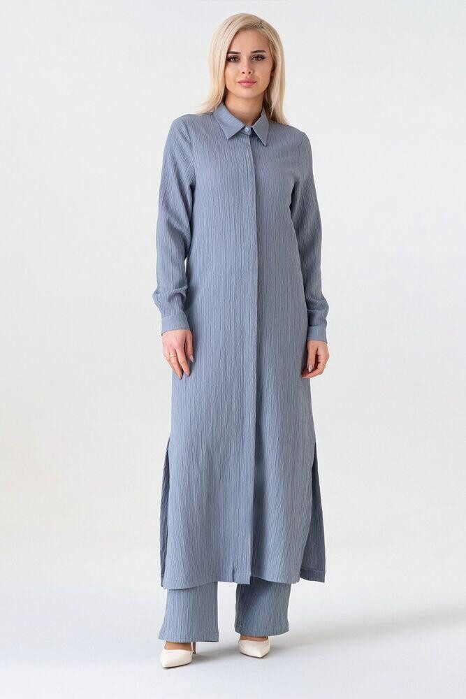 fashionshowcase Longtunika Damen Crinkle lange Tunika verdeckte Knopfleiste Modest elegant Crinkle-Struktur, fließender Fall, Seitenschlitze, vielseitig tragbar