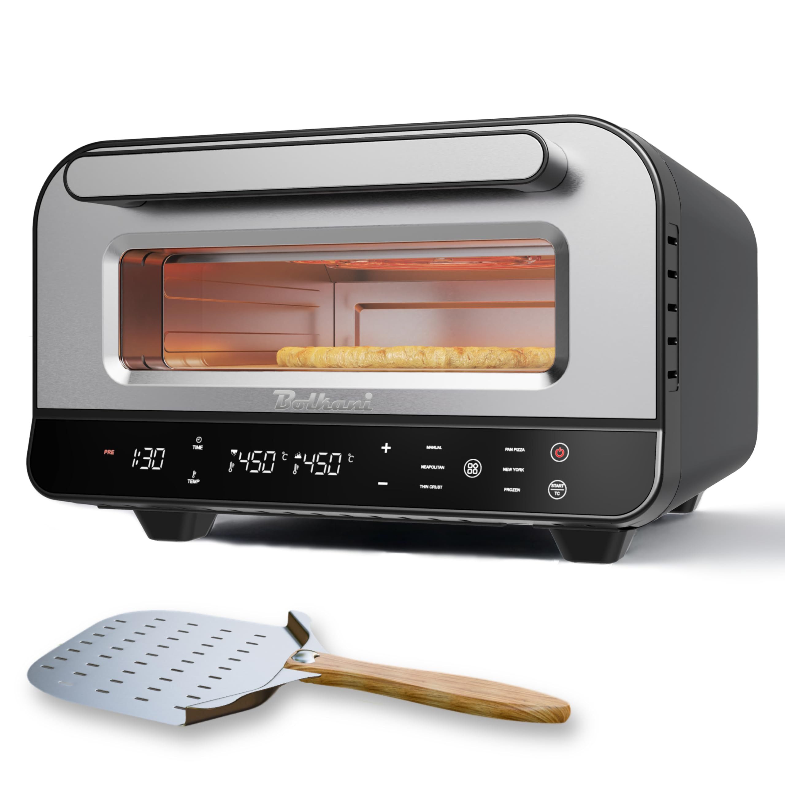 Bolkani Pizzaofen PM120T, Hohe Backtemperaturen bis 450 °C mit Ober- und Unterhitze