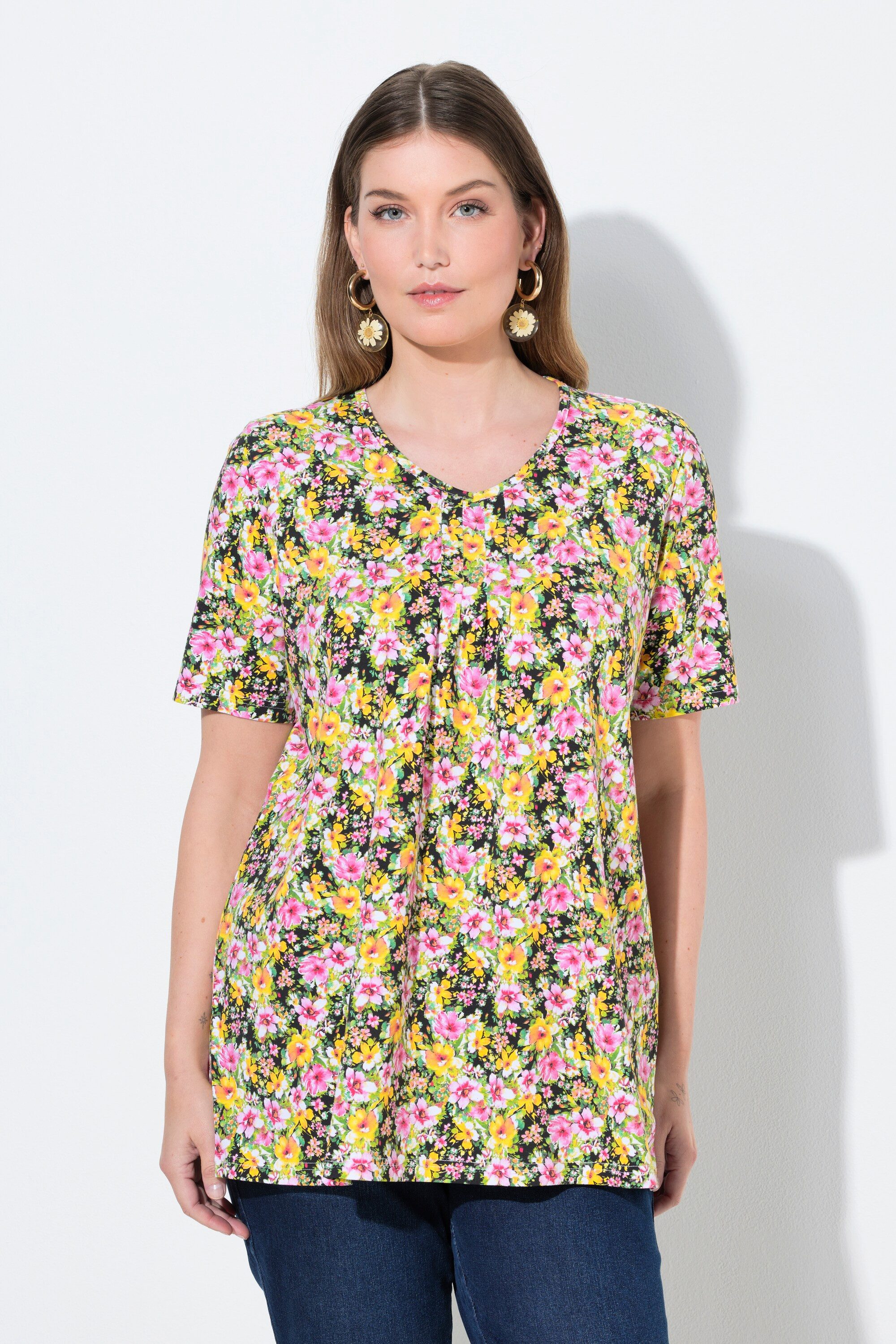 Ulla Popken T-Shirt T-Shirt A-Linie Zierfalten V-Ausschnitt Halbarm