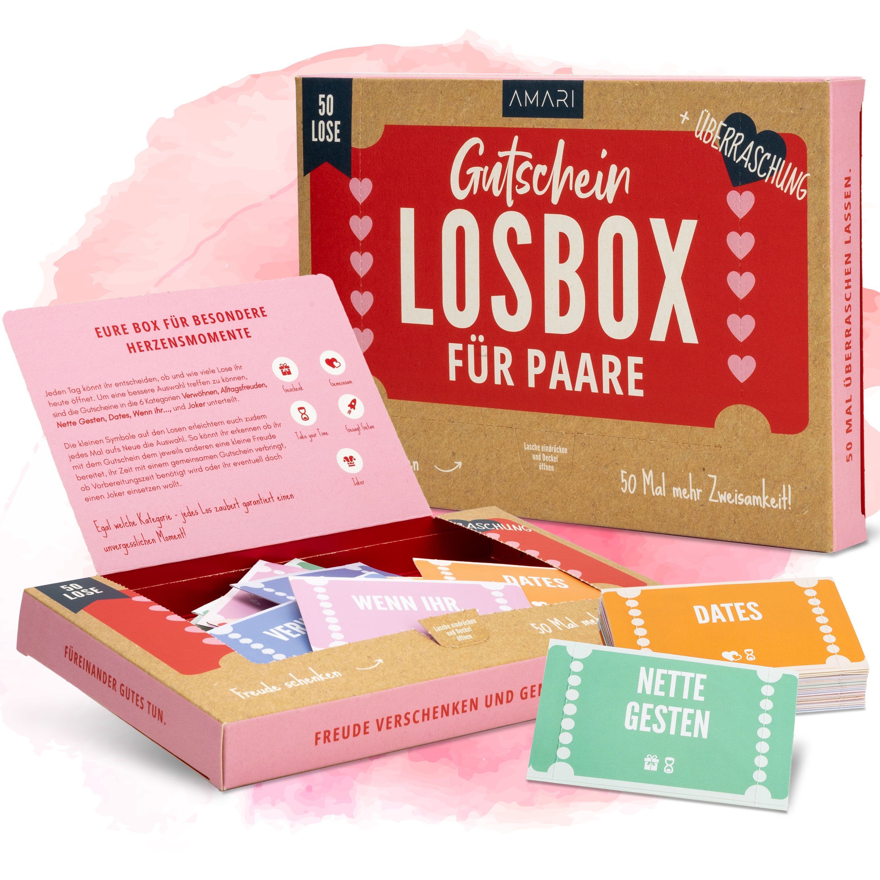 Amari Geschenkbox Gutscheinbox für Paare - 50 Gutschein Lose Verwöhnmomente, Valentinstag, Jahrestag, Hochzeit