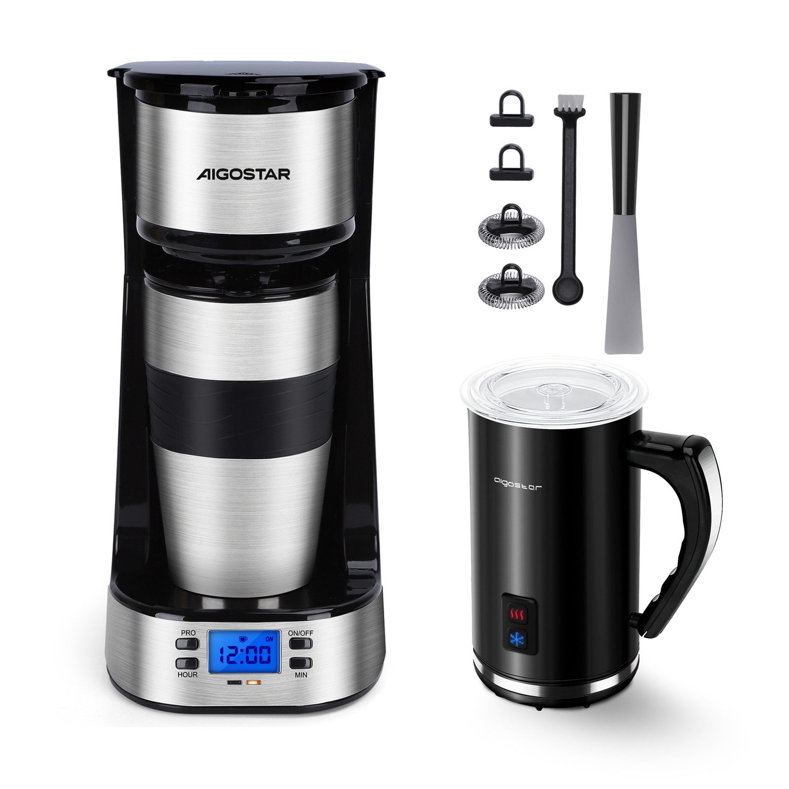 Aigostar Filterkaffeemaschine mit Thermobecher, 420 ml, 750W, AutoClean-Funktion, 24H Timer, Edelstahl, Abnehmbarer Filter, 750W, 420 ml, Mit 24h-Timer, LCD-Anzeige, AutoClean-Funktion