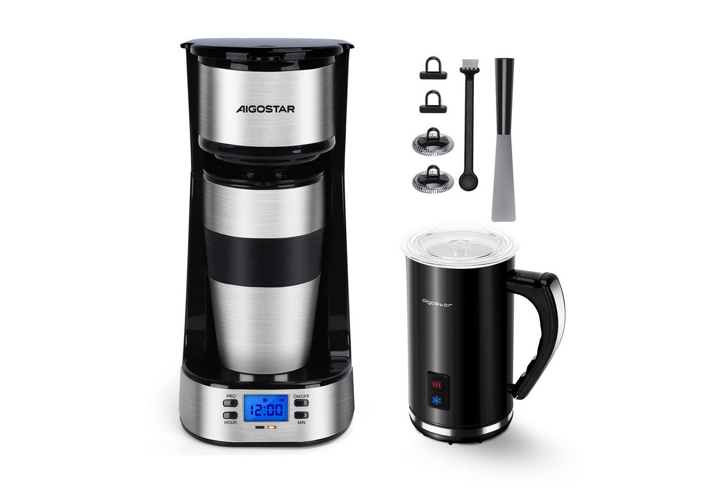 Aigostar Filterkaffeemaschine Kaffeemaschine mit Thermobecher 420ml, Abnehmbarer Filter, 750W, Mit 24h-Timer, LCD-Anzeige, AutoClean-Funktion