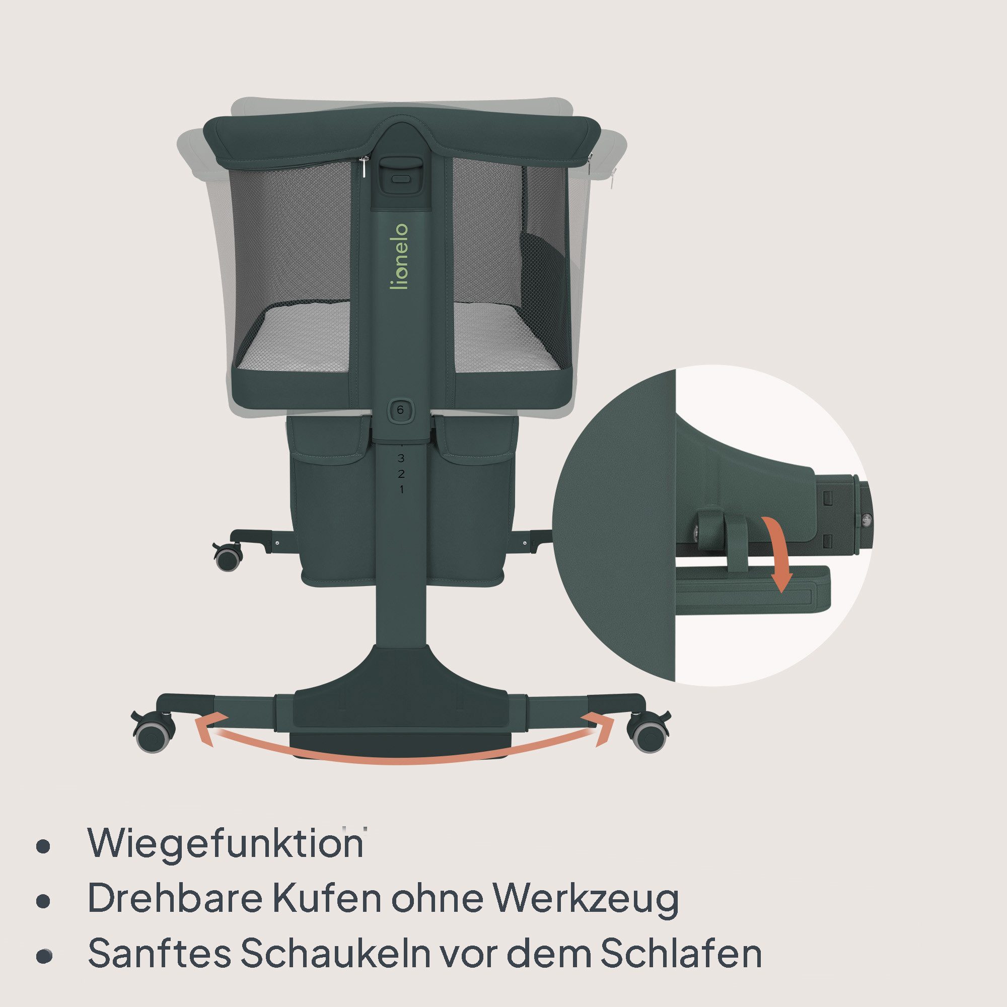 lionelo Baby-Reisebett JODIE, 3in1 Beistell/freistehend/Wiege/6 Stufen/Netzseiten/4 Rollen – Bild 5 von 5
