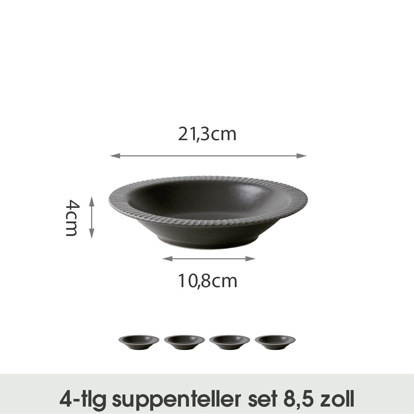 JIWOO Suppenteller 4er Ø21,2 cm, Speiseteller Pastateller Salatteller Dessertteller Plate, (4 St), Keramik Tellerset Grau mikrowellen- und spülmaschinenfest Ø21,3 cm