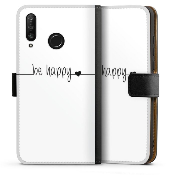 DeinDesign Handyhülle Statement Sprüche Glück Be Happy weisser Hintergrund Huawei P30 Lite Hülle Handy Flip Case Wallet Cover Handytasche Leder ZN11679