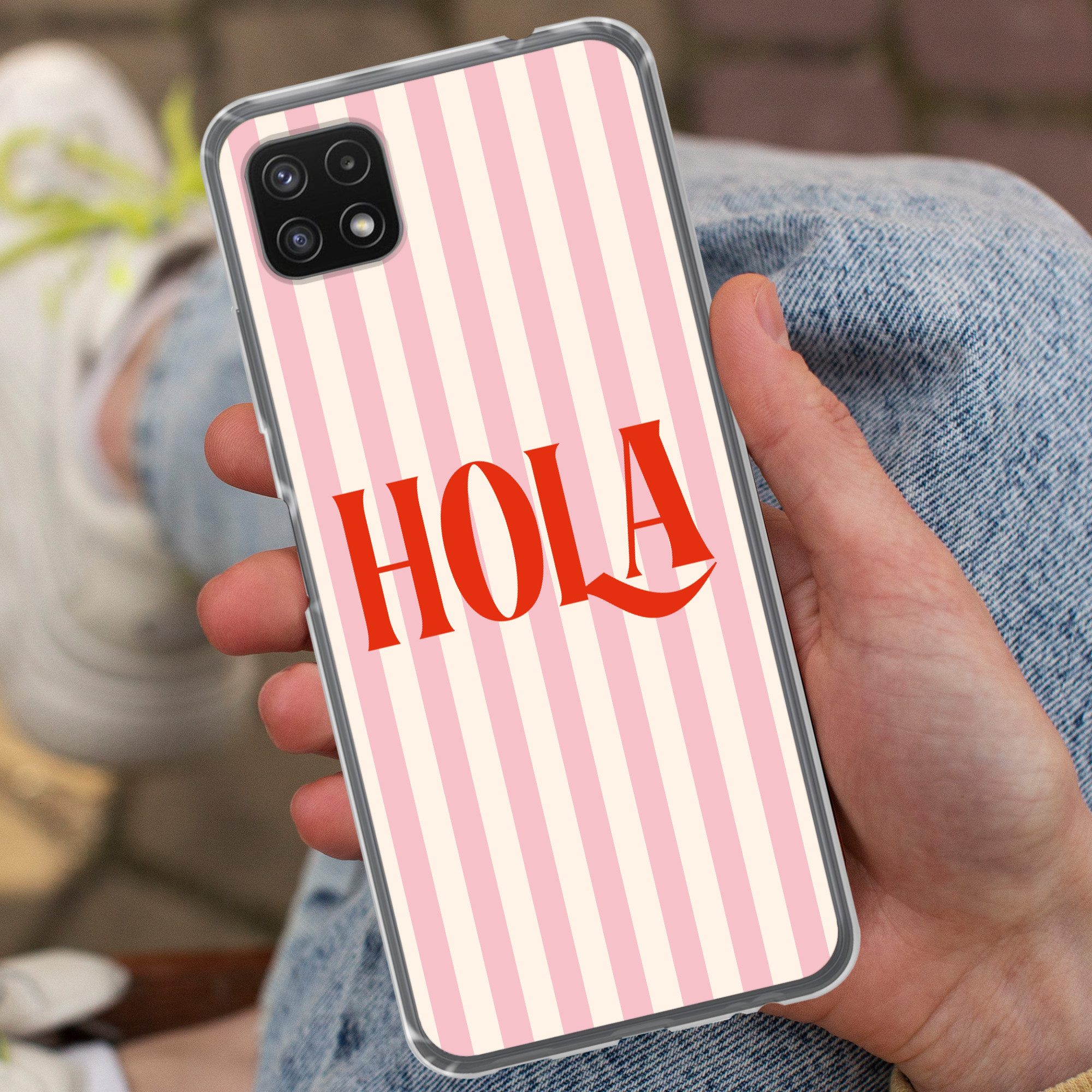 MuchoWow Handyhülle für Samsung Galaxy A22 5G Hola - Zitat - Streifen - Pastell - Rosa - R, Smartphone-Bumper, Print, Handy Schutzhülle Dünn