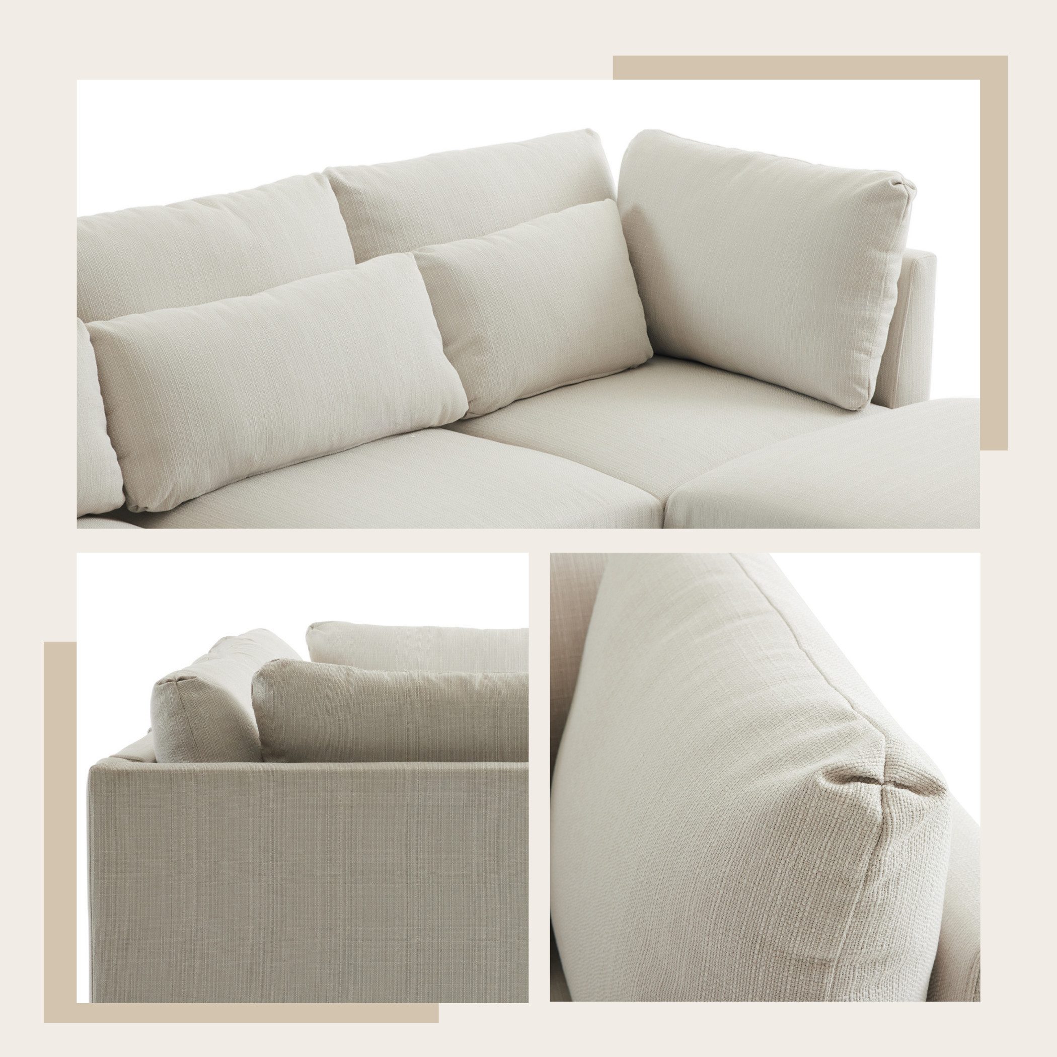 SeedWave Sofa L-förmiges 3-Sitzer-Sofa mit abnehmbare Fußhocker und Lendenkissen, Leinen-Polstersofa mit Lendenkissen,Recamiere Für das Wohnzimmer