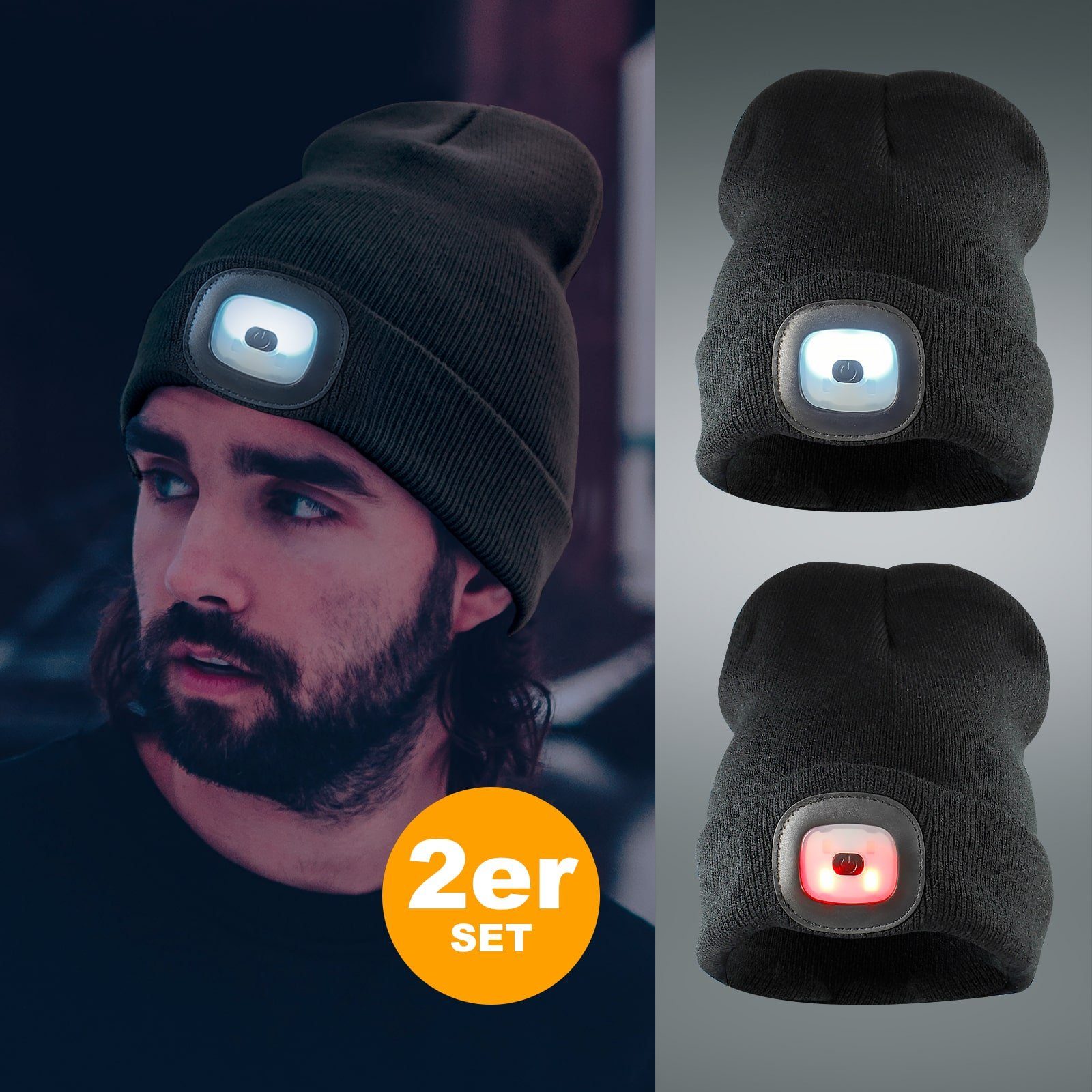 EAXUS Strickmütze LED Beanie Mütze mit Licht - Beleuchtete Strickmütze (2-St) Für Damen & Herren, 3 Leuchtmodi, Schwarz