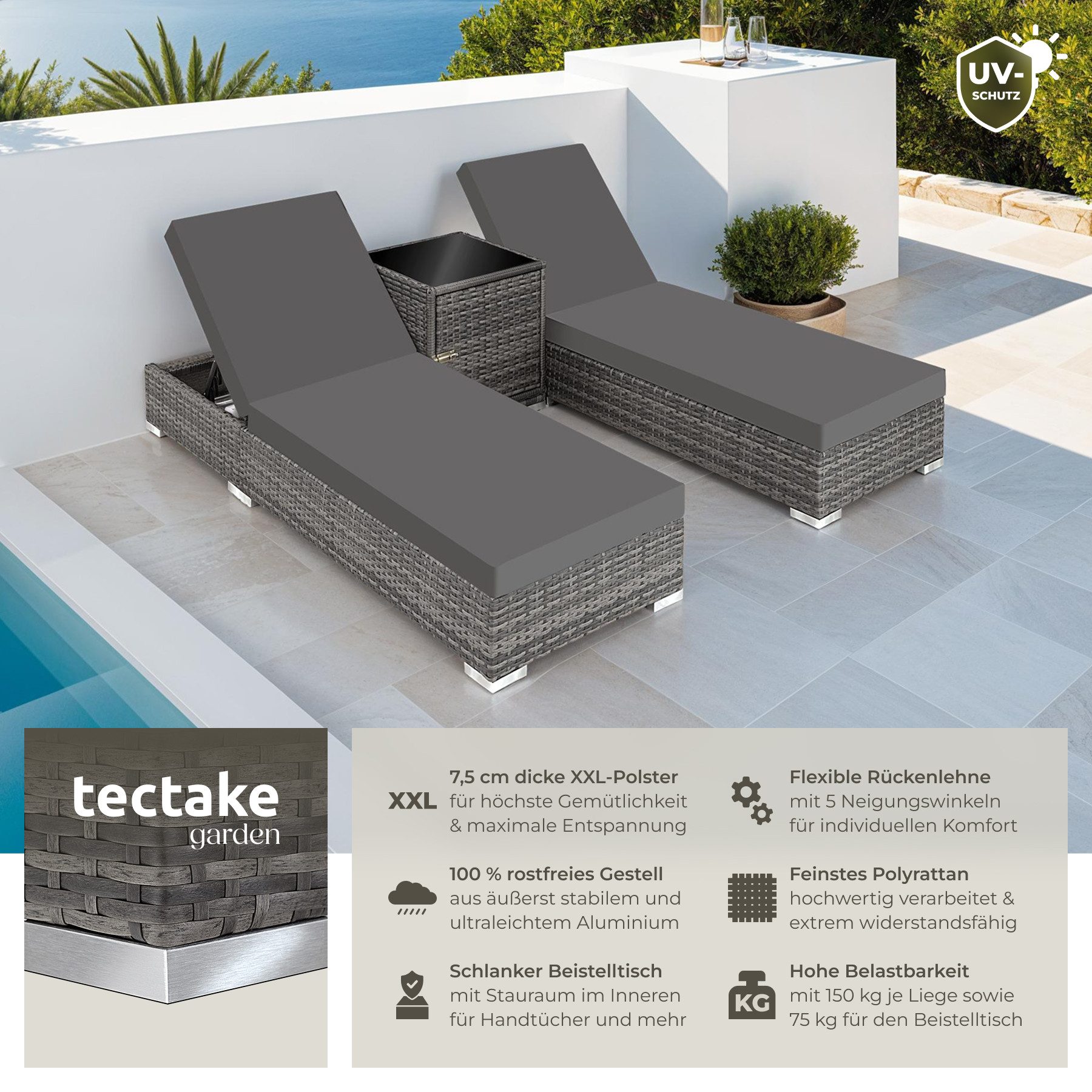 tectake Gartenliege 2er Set Rattan Sonnenliegen, günstig online kaufen