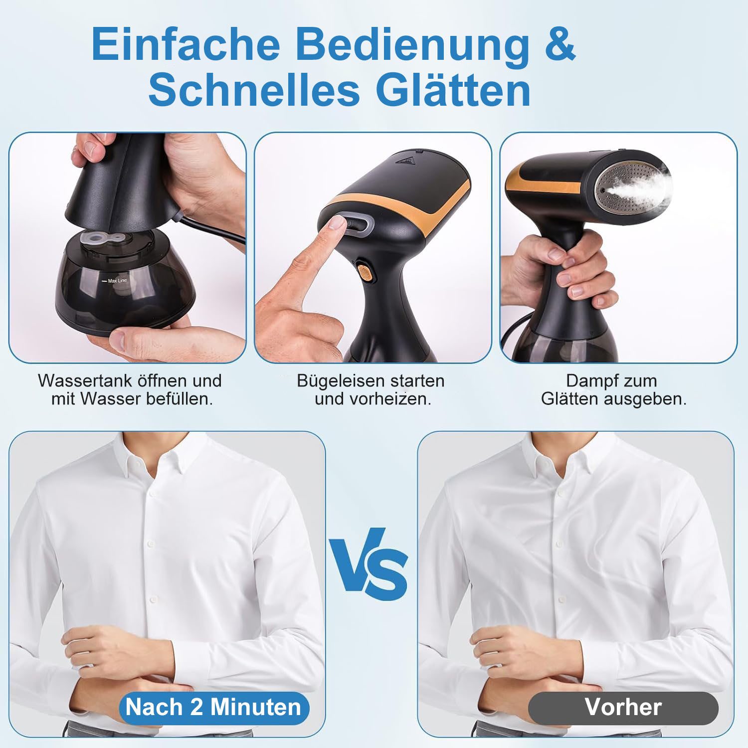 AIMAX Reise-Dampfbügeleisen Dampfbügler Steamer Dampfstufen 1500W 300ml Dampfleistung Hemdenbügler, 1500 W, 2M Abnehmbarer Wassertank Abschaltautomatik Tropfsto – Bild 5 von 5