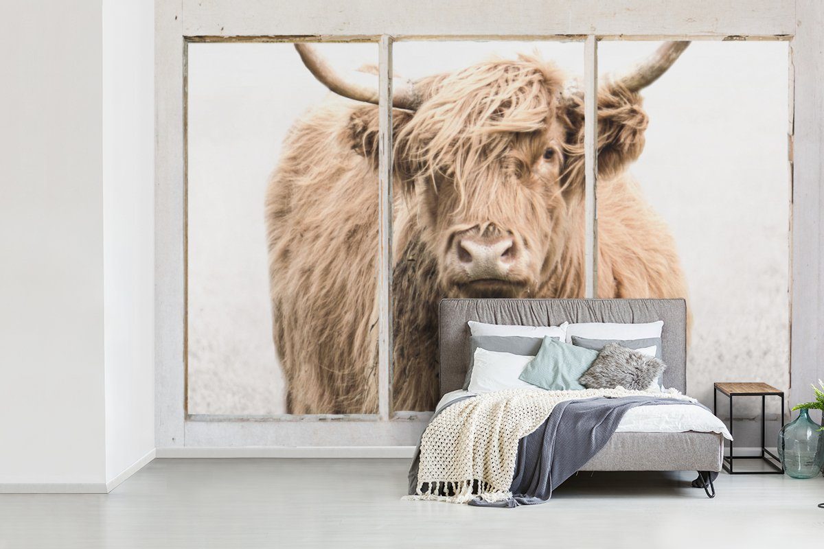 Wohnzimmer, Wallpaper Fototapete - für Nebel, Schlafzimmer, MuchoWow Ansicht Tapete bedruckt, Highlander Kinderzimmer, (6 Scottish Matt, St), Vinyl -