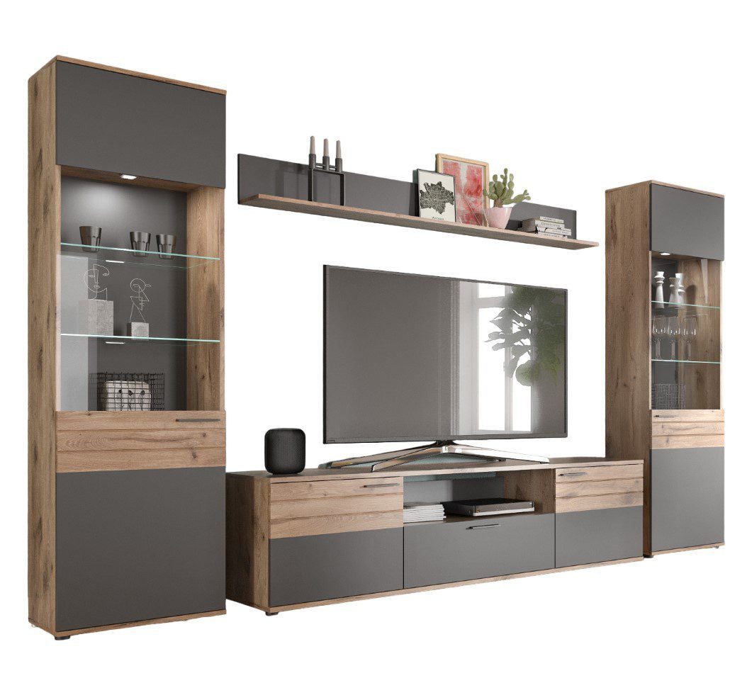 Newroom Wohnwand Elera, Wohnwand Basalt Grau Eiche Schrankwand Anbauwand Industrial Modern ...
