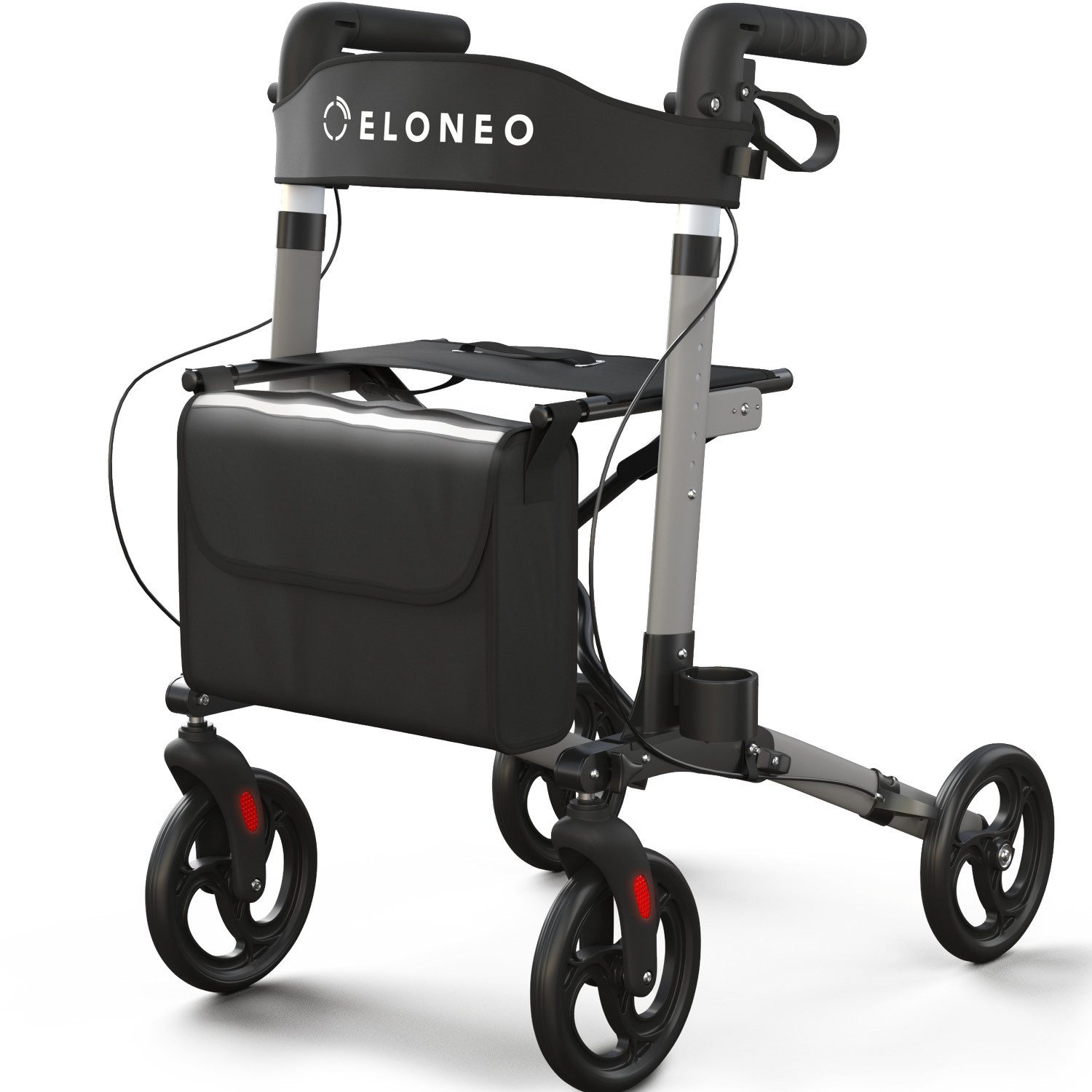 ELONEO Rollator leicht und faltbar mit Sitz, Gehhilfe 8-fach höhenverstellbar, Komfort-Sitz mit Stockhalter, Einkaufstasche & Rückengurt