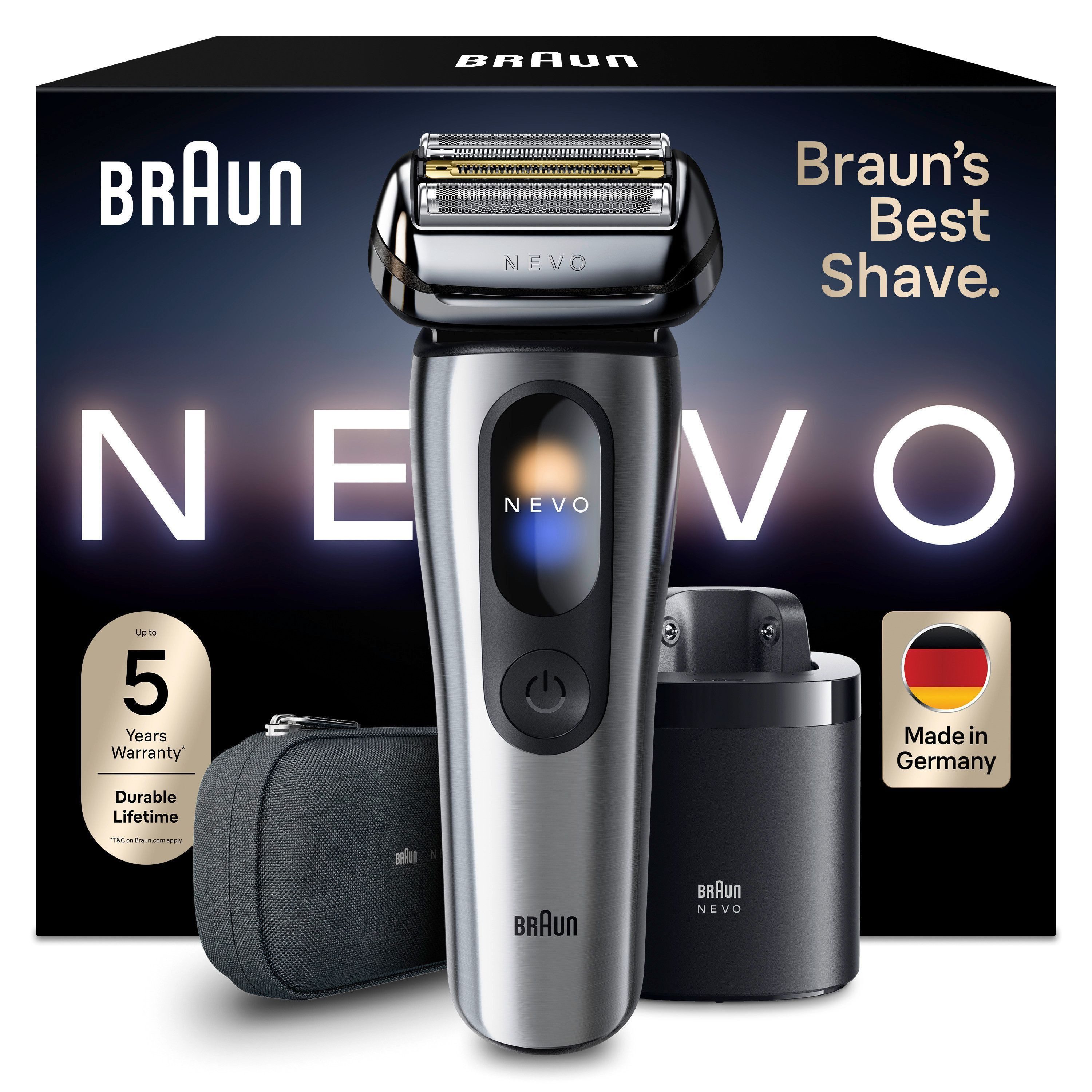 Braun Elektrorasierer NEVO 11000cc, SmartClean-Plus-Reinigungsstation, integrierter Präzisionstrimmer, AeroTouch, Smart Display, 7-in-1 Care System, Reiseetui, Silber