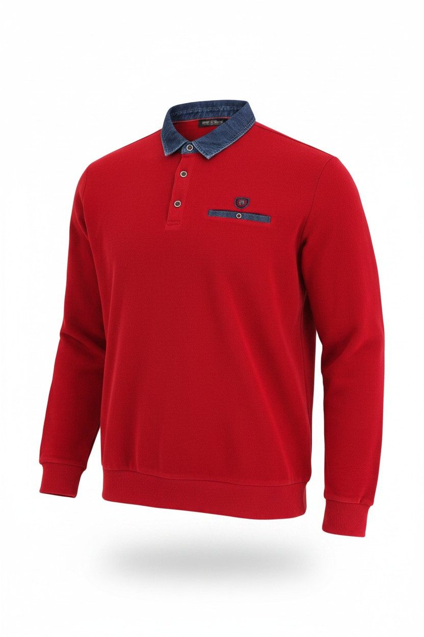 Mode Monte Carlo Sweatshirt Herren Langarm Poloshirt Rot mit Kontrastkragen Große Größen