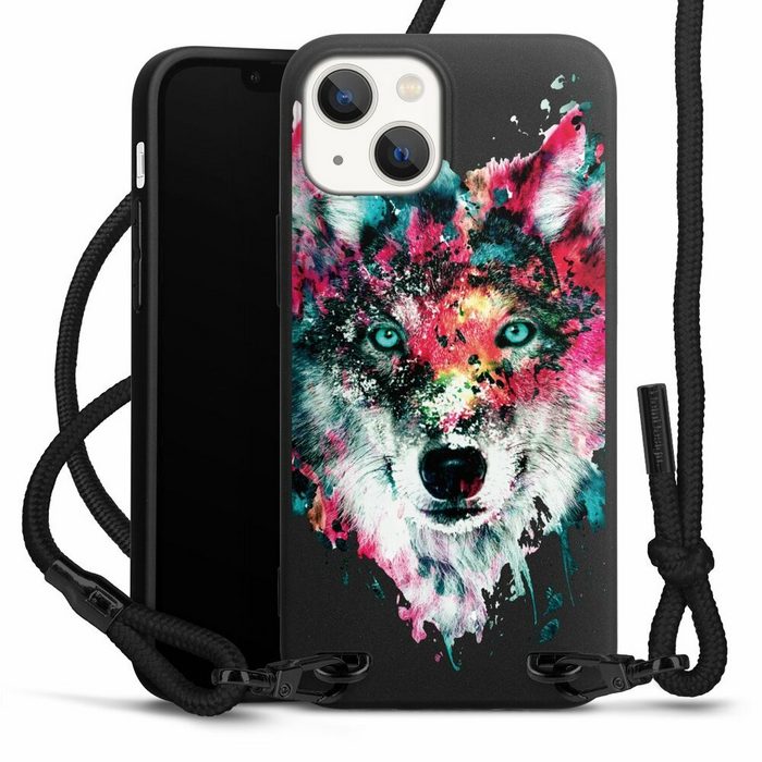 DeinDesign Handyhülle Riza Peker Wolf bunt Wolve ohne Hintergrund Apple iPhone 13 Mini Premium Handykette Hülle mit Band Cover mit Kette