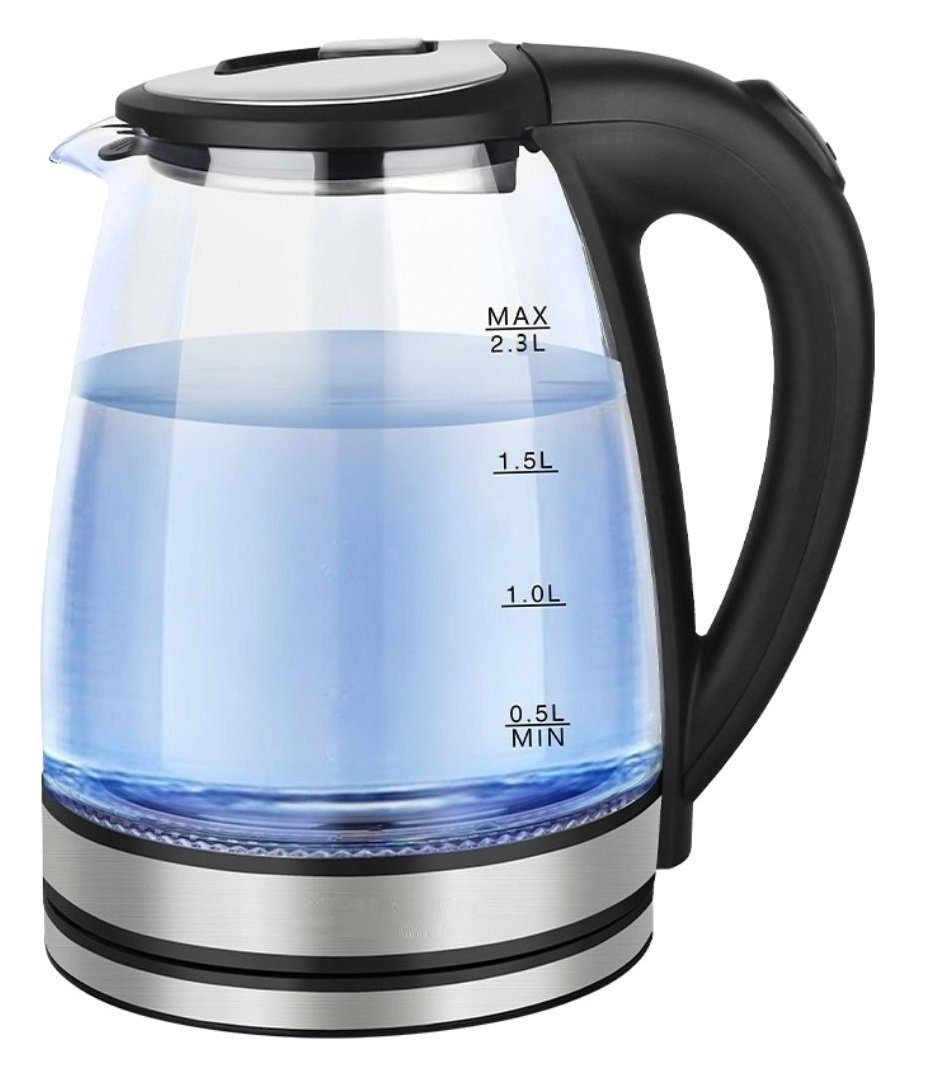 W LED-Beleuchtung Glas Cheffinger 2000 Wasserkocher Teekocher, 2.3 mit Wasserkocher Edelstahl l, 2000W