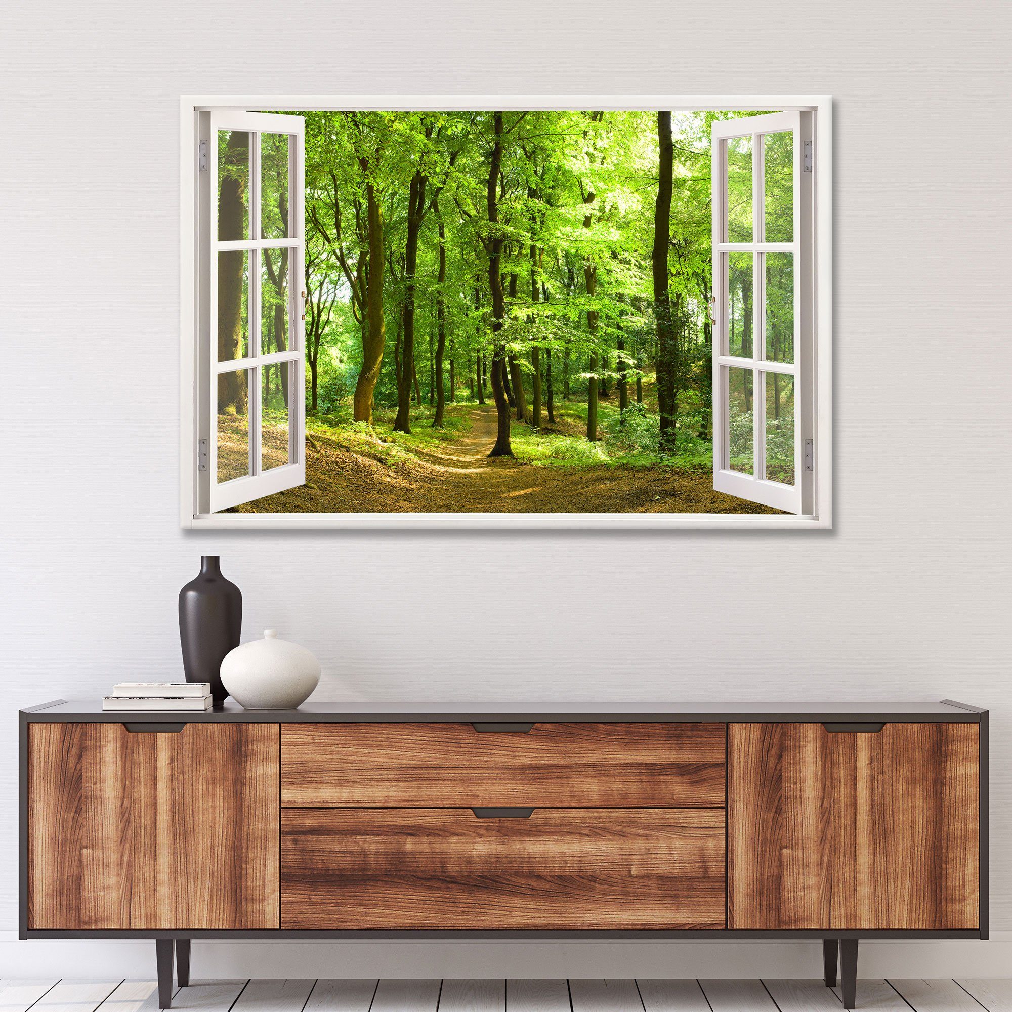 WallSpirit Leinwandbild "Fenster mit Aussicht", Wald, Leinwandbild geeignet für alle Wohnbereiche