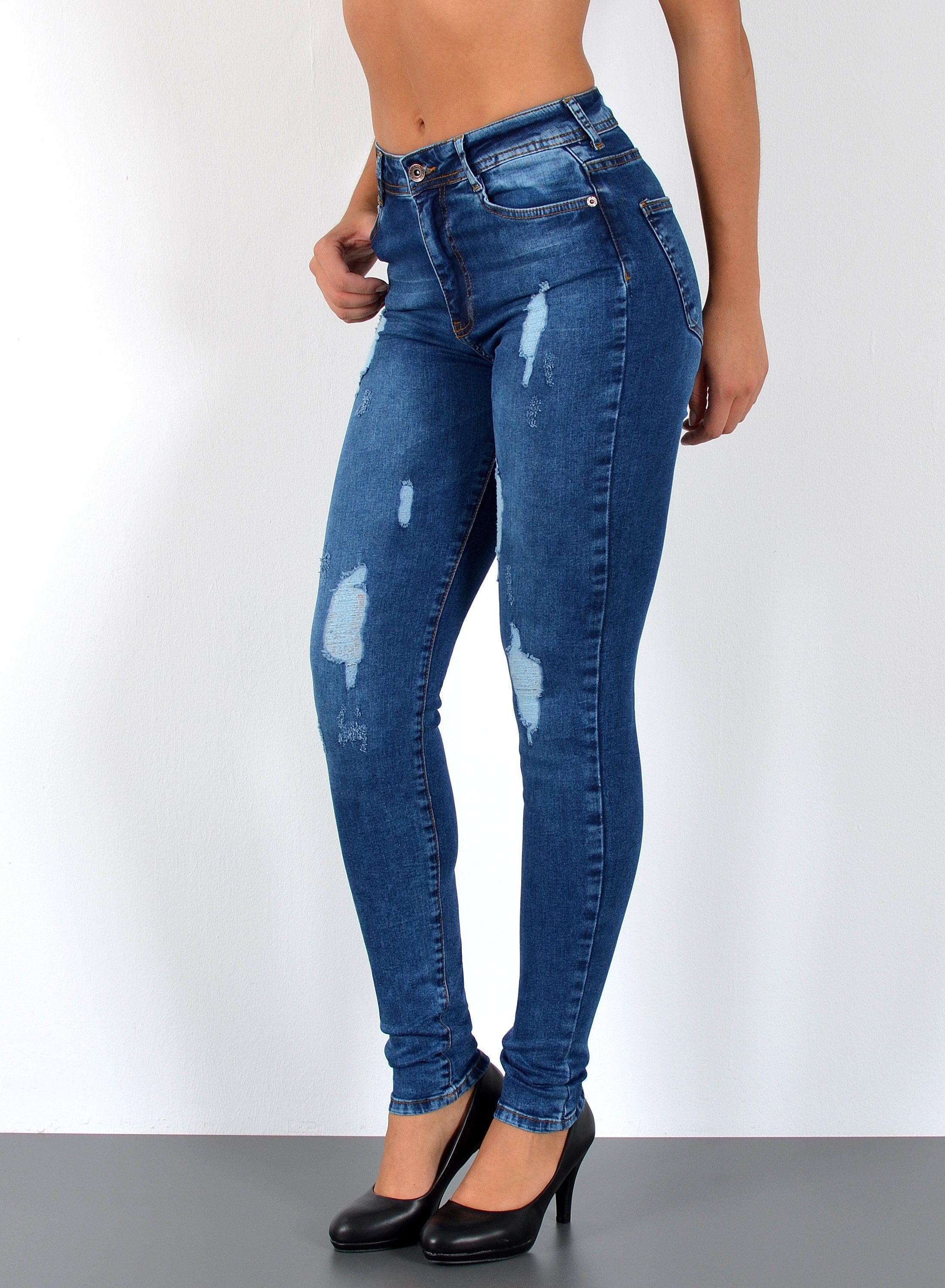 ESRA Skinny-fit-Jeans S600 Damen Skinny Fit Jeans Hose High Waist, bis Übergröße / Plussize, Enge Jeans Hohe Leibhöhe bis Große Größe, Enge Röhrenjeans, Schmale Jeans, Hoch Bund, Stretch, hohe Bundhöhe, Skinny Jeans Hose bis zur Taille, Damen Jeans Hose Destroyed, Destroyed Jeanhose mit Risse