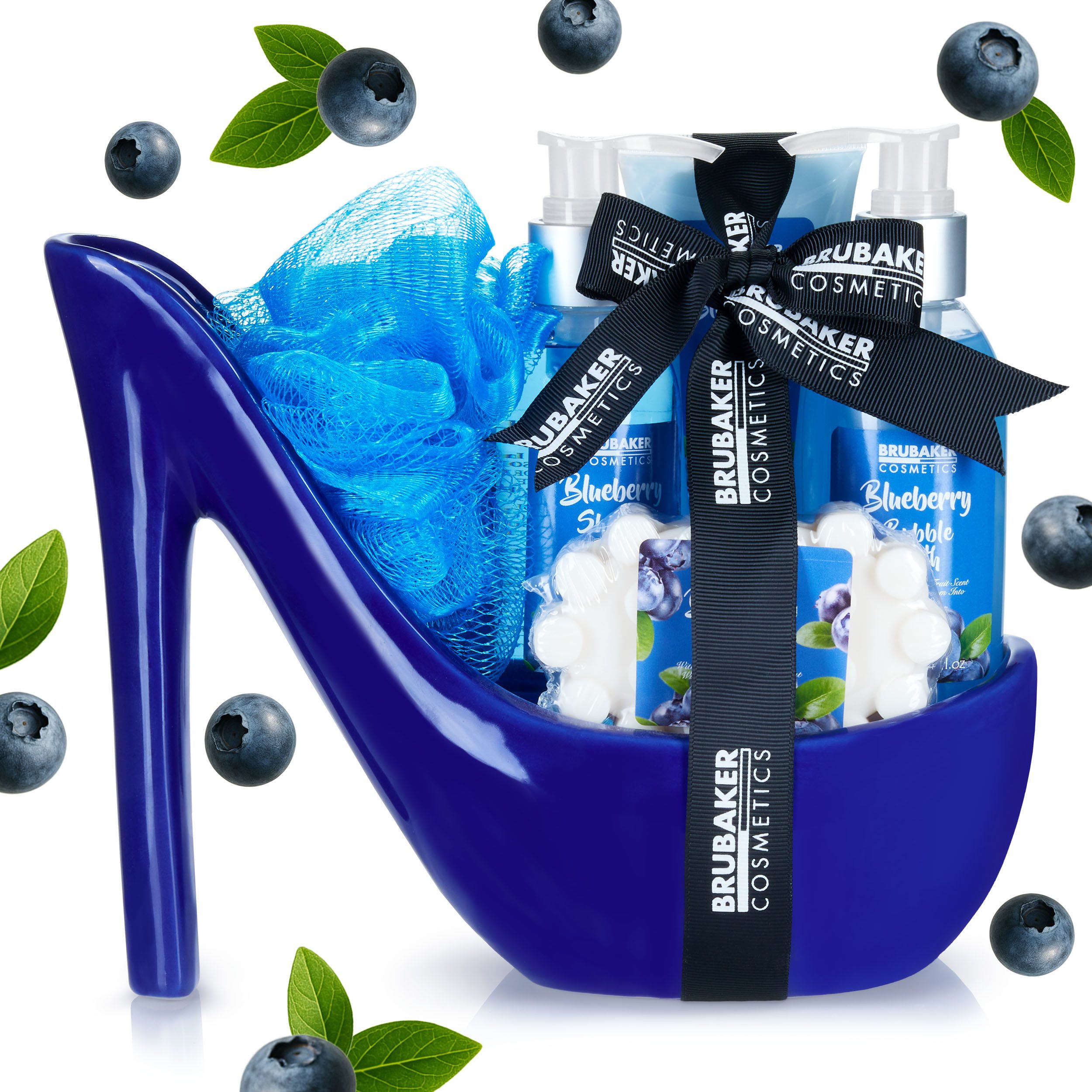 BRUBAKER Pflege-Geschenkset Dusch- und Badeset, Pflegeset - High Heel Blau, 6-tlg., Wellness Beauty Geschenkset in Keramik Stiletto, Blaubeeren Duft