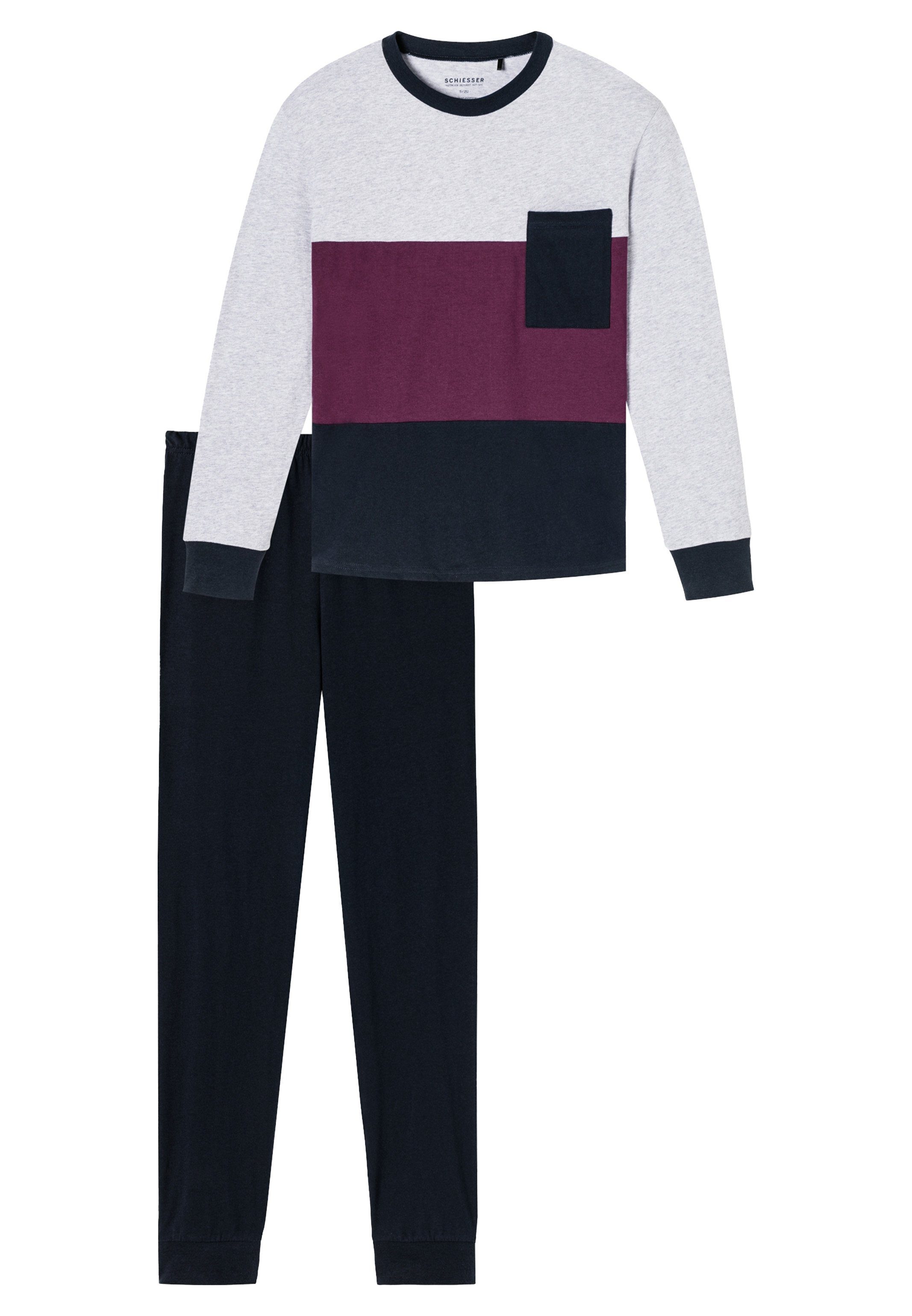 Schiesser Pyjama Nightwear Organic Cotton (Set, 2 tlg) Schlafanzug - Baumwolle - Langarmshirt mit Brusttasche Grau Melange