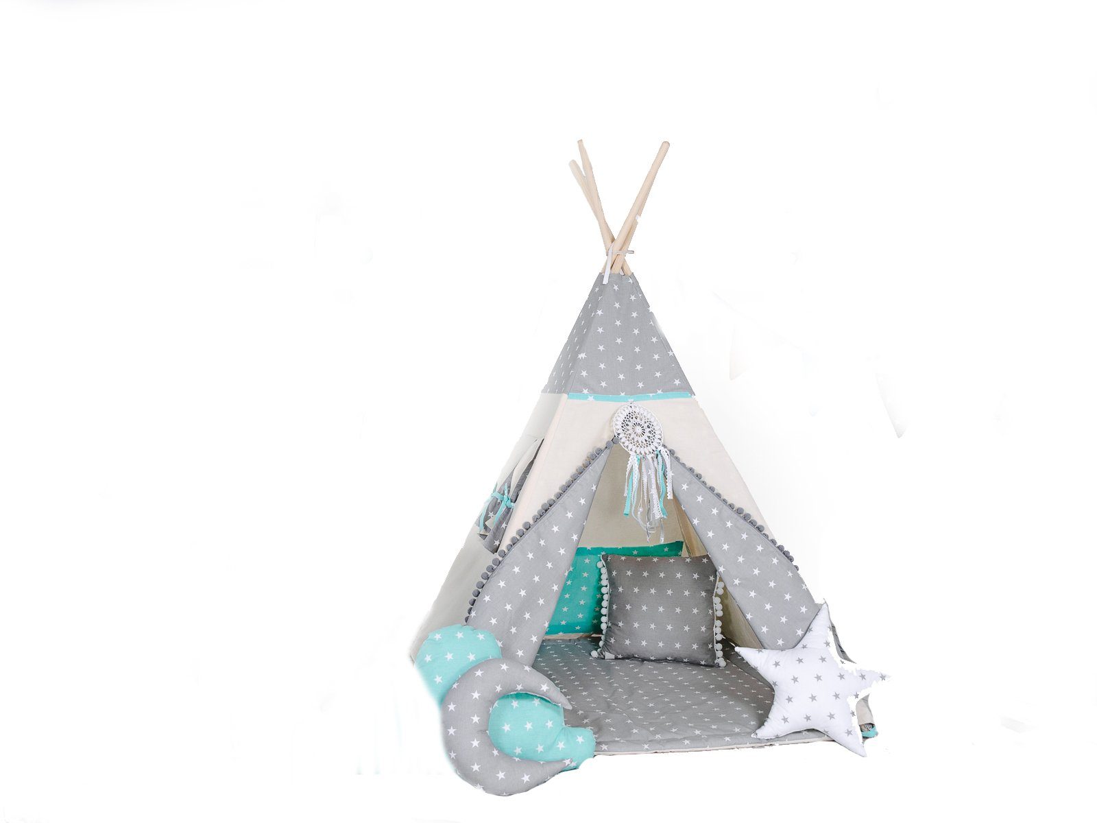 Rainbow Kids Tipi-Zelt Wolf Stern Grau, Personen: 2 (mit kleinem Zubehör, 4 tlg., mit 2 Kissen und Matte)