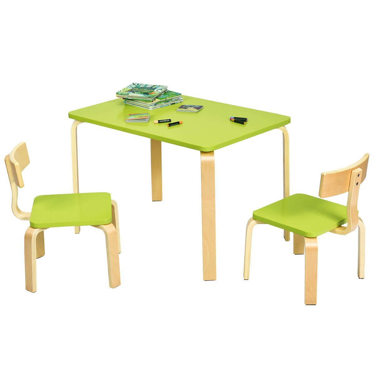 COSTWAY Kindersitzgruppe, Kindertisch mit 2 Kinderstühlen, Holz Grün