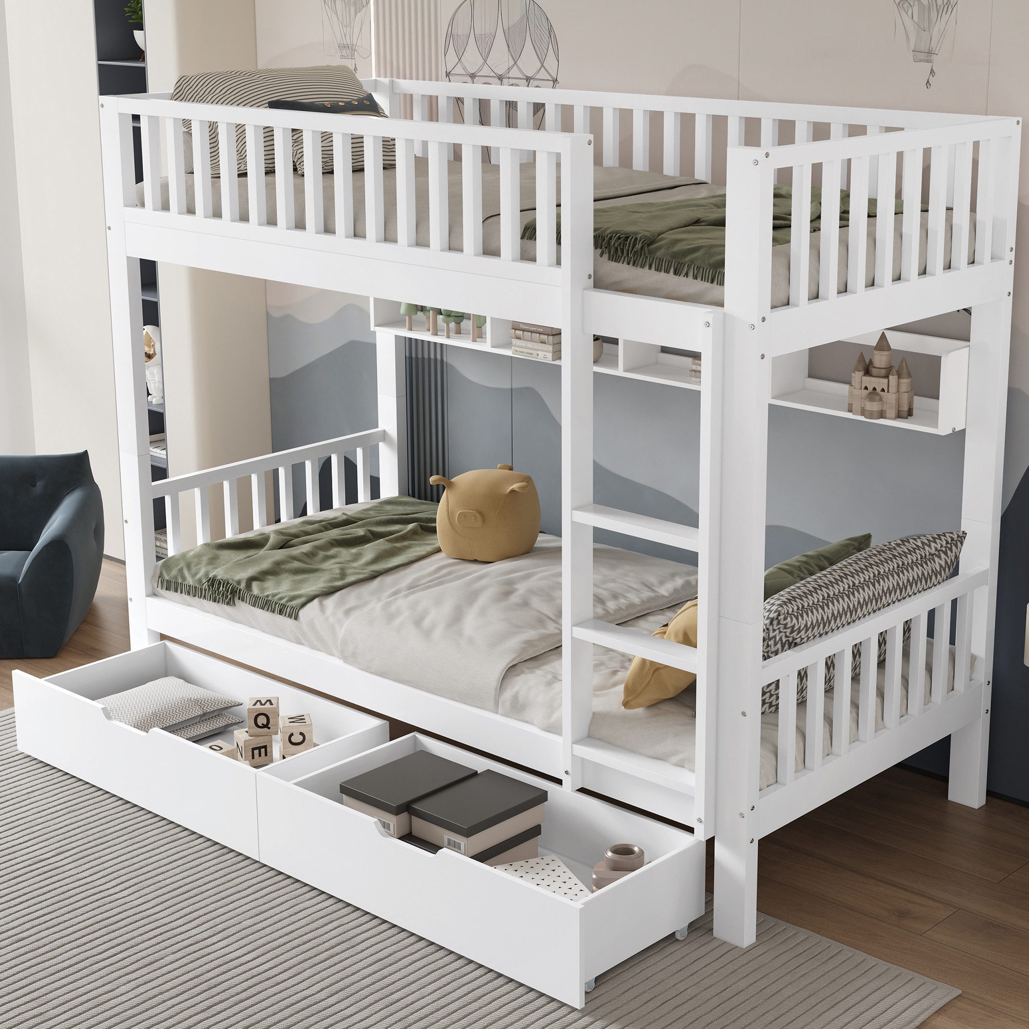 Flieks Etagenbett, Umwandelbares Kinderbett mit Leiter und 2 Schubladen 90x günstig online kaufen