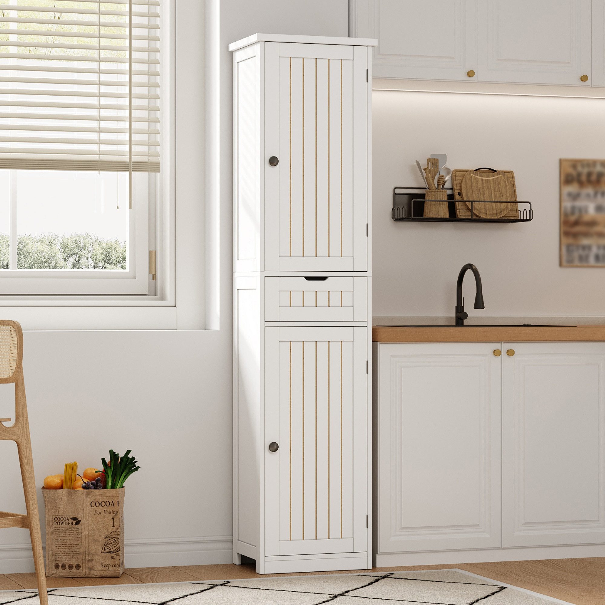 STILVORA Hochschrank Küchenschrank mit Schublade Highboard mit verstellbaren Einlegeböden (Hochschrank aus MDF, Retro-Gittertüren, 170×40×30cm, 4 verstellbare Böden, Kippsicherung, verstärkte Rückwand) Für Küche, Esszimmer, Wohnzimmer, Flur, Abstellraum
