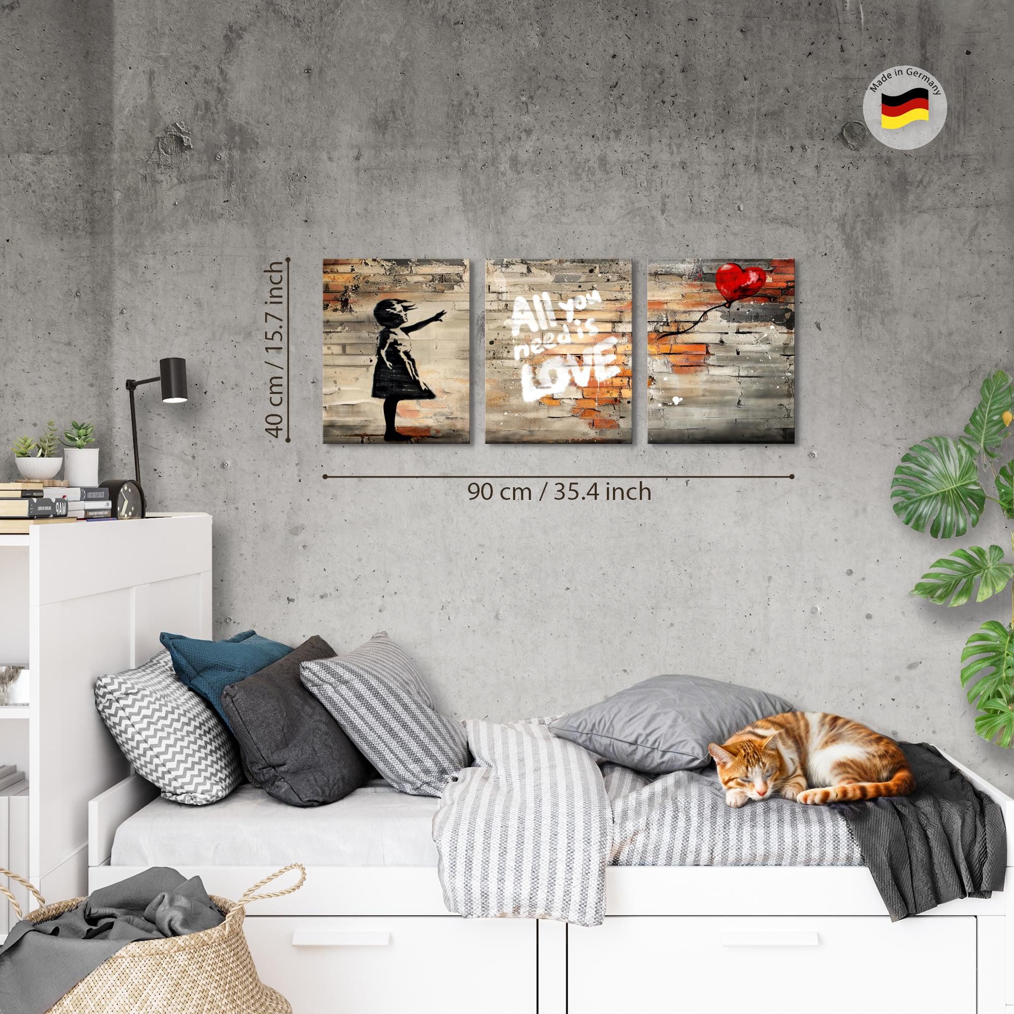 Novart Wandbild Wandbilder Set Banksy Style Collage - 3 Bilder Wohnzimmer Streetart, Balloon Girl