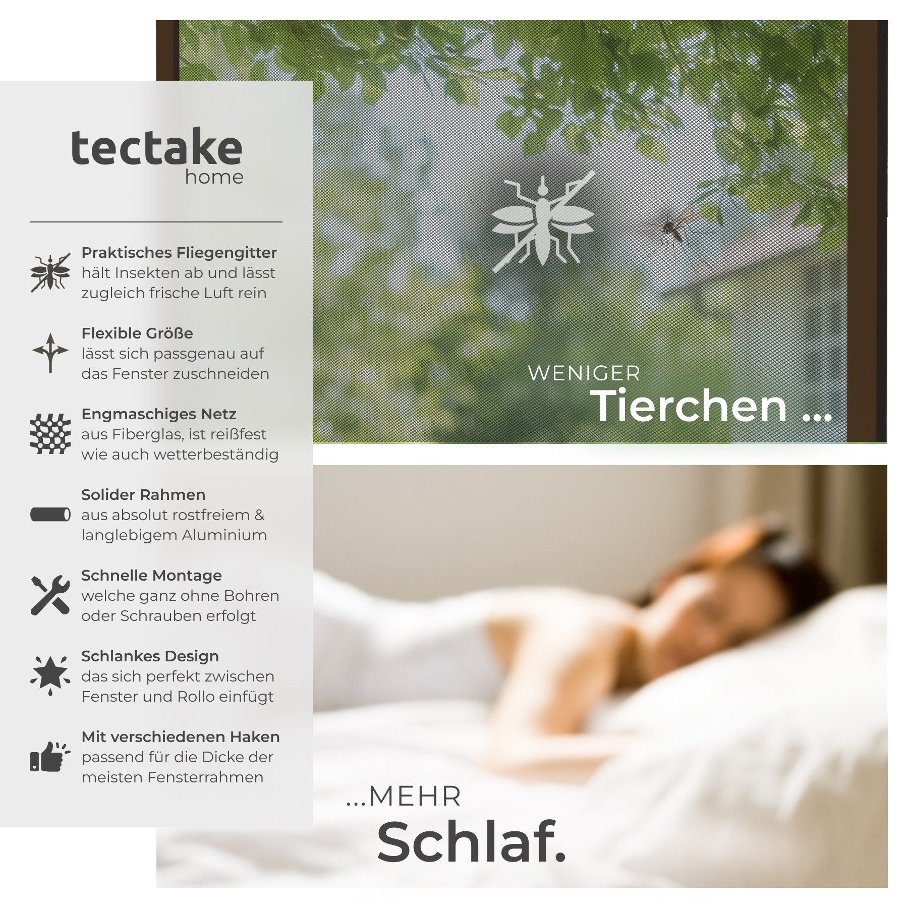 tectake Insektenschutz-Fensterrahmen Insektenschutzgitter für Fenster 100x120 cm zuschneidbar wetterfest, (Insektenschutz Fenster, in Braun), lichtdurchlässig,  – Bild 2 von 5