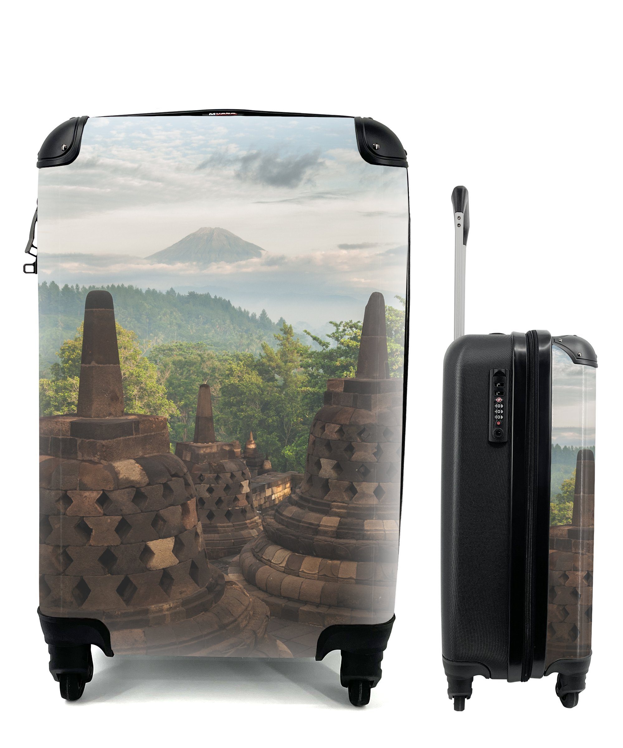 MuchoWow Handgepäckkoffer Ferien, Fantastische für rollen, Reisekoffer Handgepäck vom Trolley, Reisetasche den Rollen, auf 4 Borobudur, mit Dschungel Aussicht