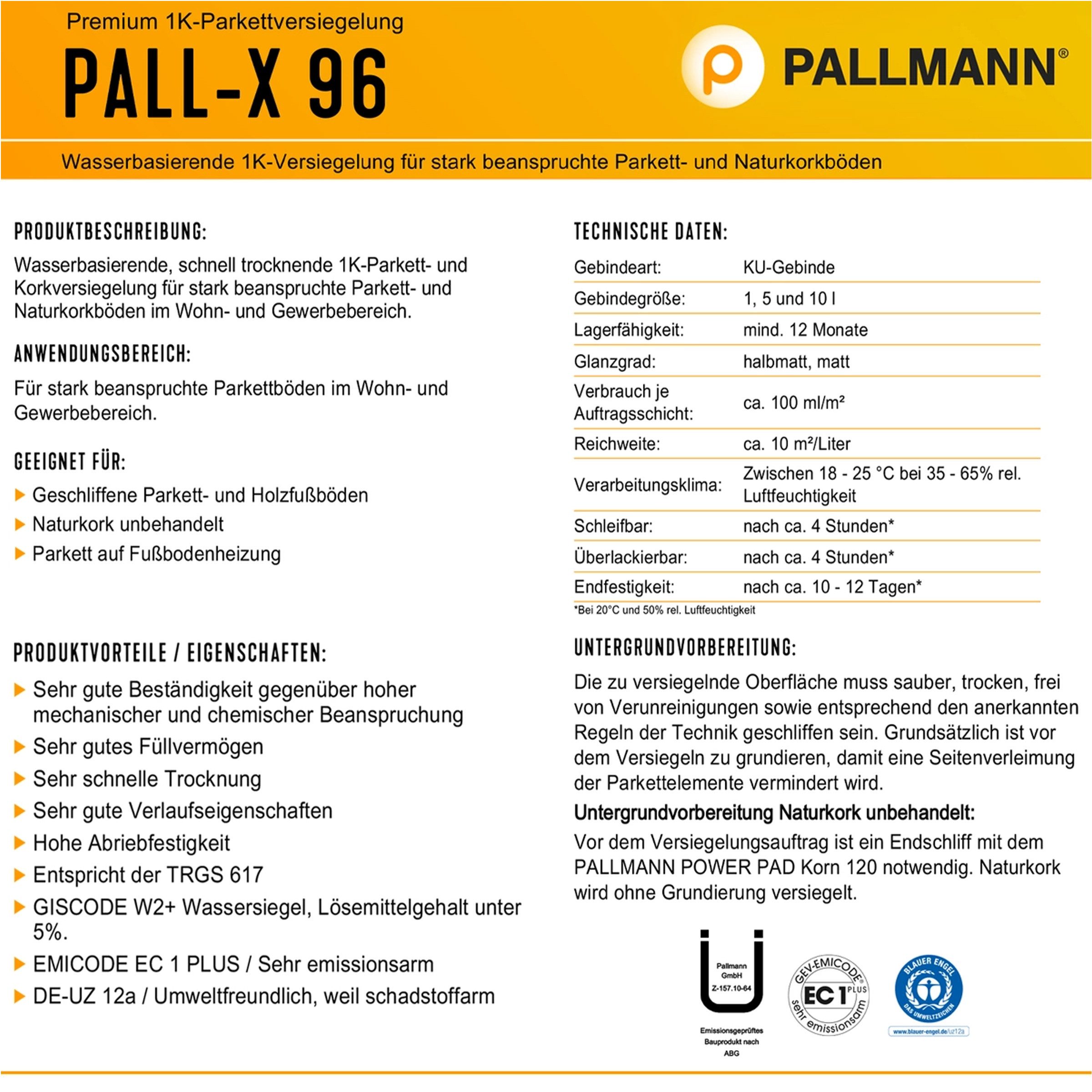 Pallmann Holzlack PALLMANN PALL-X 96 halbmatt 5 L Parkett- & Korkversiegelung