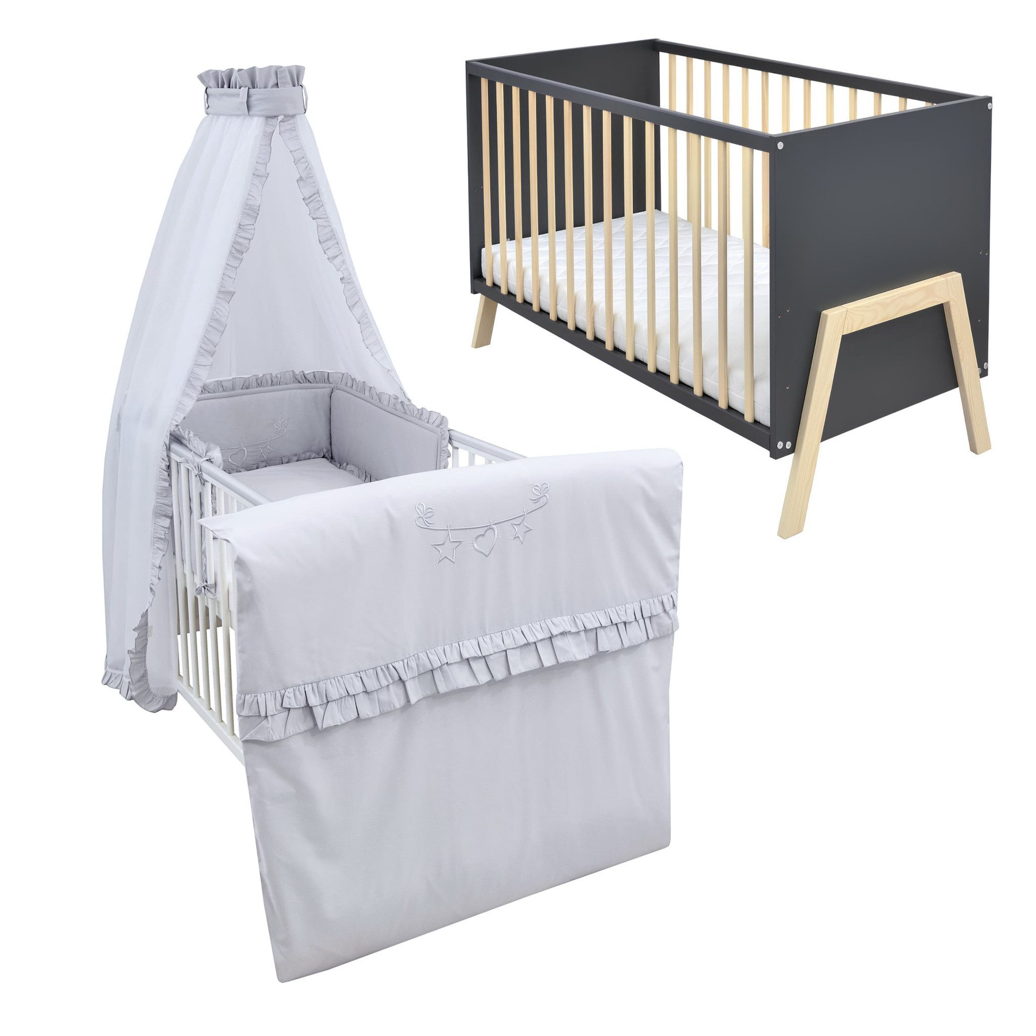 Baby-Delux Komplettbett Babybett Juna Komplettset Anthrazit, 10-tlg., Kinderbett 60x120 cm Bettset verschiedene Designs