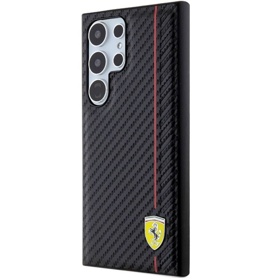 Ferrari Handyhülle Case Galaxy S24 Ultra Carbon-Look schwarz Logo Metall 6,8 Zoll, Kantenschutz