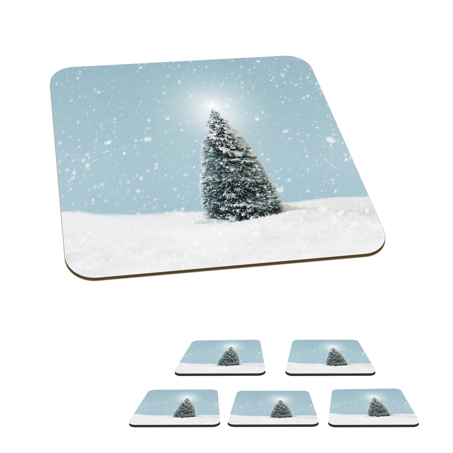 MuchoWow Glasuntersetzer Ein Weihnachtsbaum in einer verschneiten Landschaft und einem blauen, Zubehör für Gläser, 6-tlg., Glasuntersetzer, Tischuntersetzer, Korkuntersetzer, Untersetzer, Tasse