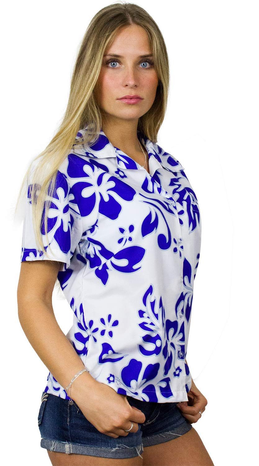King Kameha Hawaiihemd Hibiscus Funky Hawaiibluse Damen Kurzarm Front-Tasche Stylish