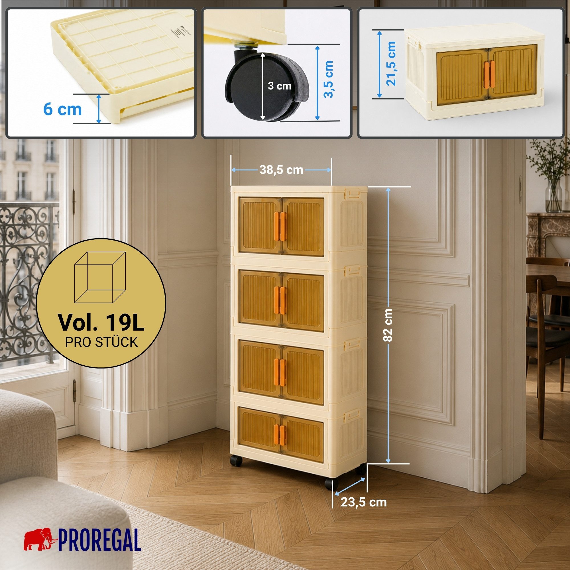 PROREGAL® Aufbewahrungsbox EasyCube stapelbar 4 Ebenen & Rollen Stapelboxen