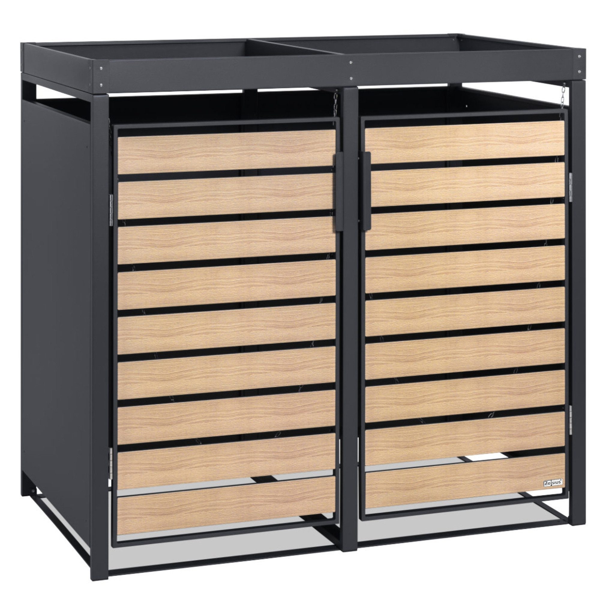 Zelsius Mülltonnenbox mit Pflanzdach 2 Mülltonnen Anthrazit RAL 7016, Tür in Holzoptik