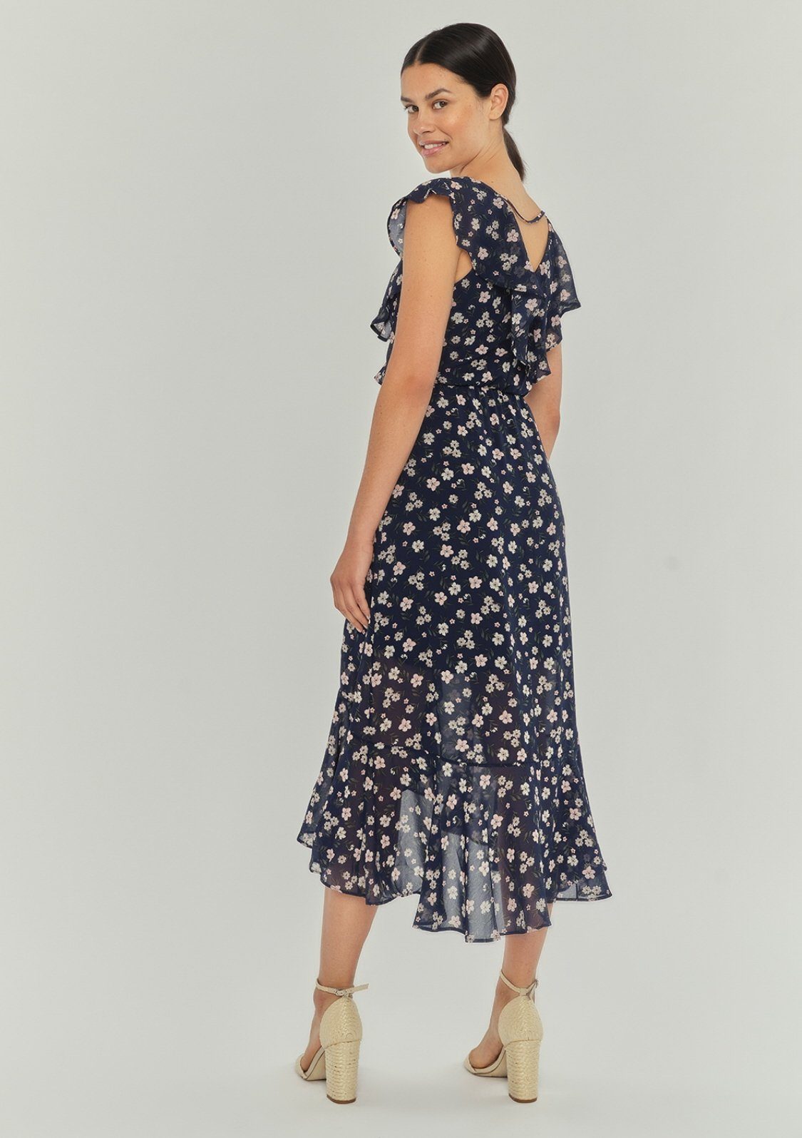 Damen Kleider Apricot Druckkleid Floral Ruffle Detail Midi Dress (1-tlg) mit Blumendruck