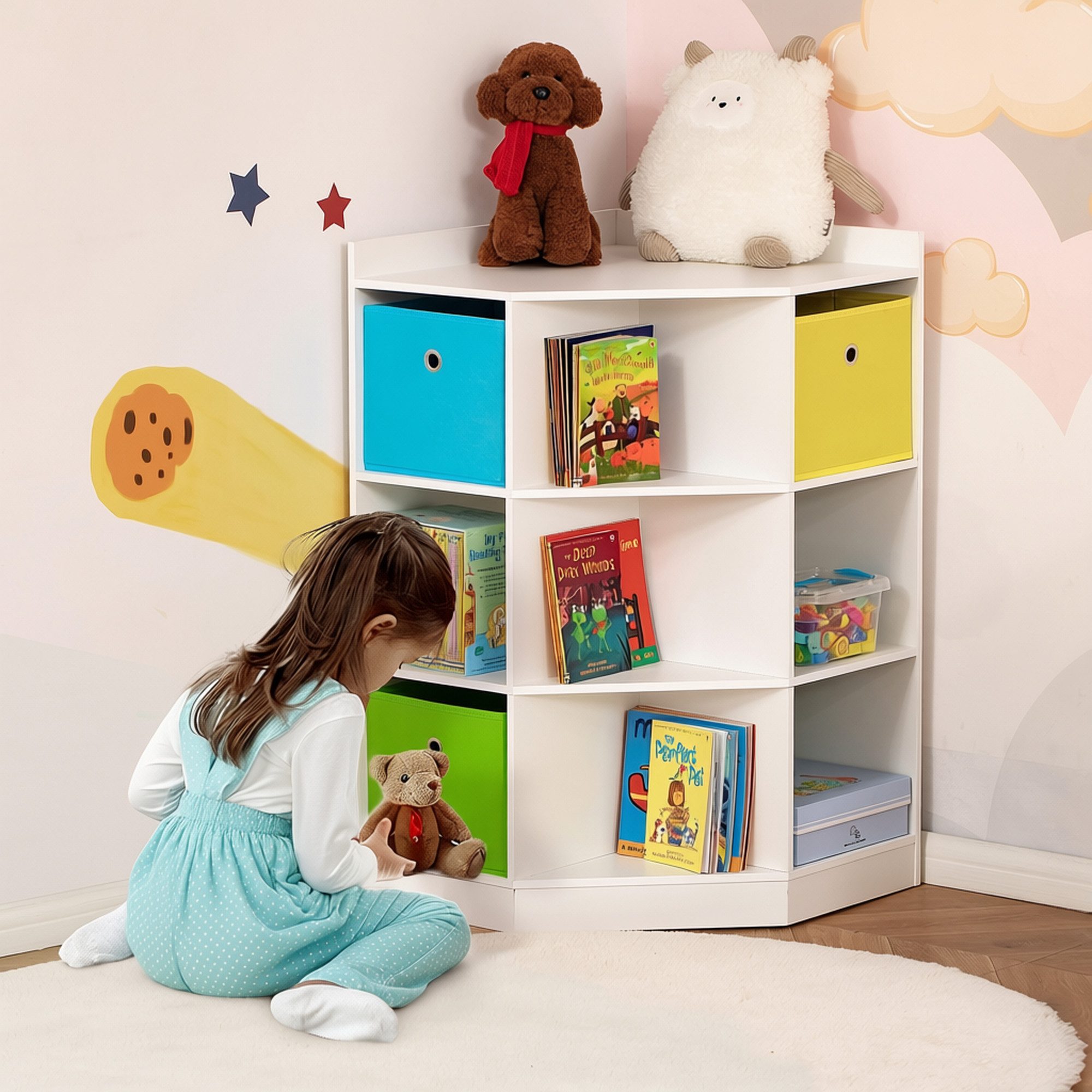 HOMCOM Kinderregal Bücherregal Kinderzimmerregal, 7 offene Fächer, Kindergarten, Eckregal mit 3 Aufbewahrungsboxen 1-tlg., für Kinderzimmer, für 3-12 Jahre Kind – Bild 2 von 5
