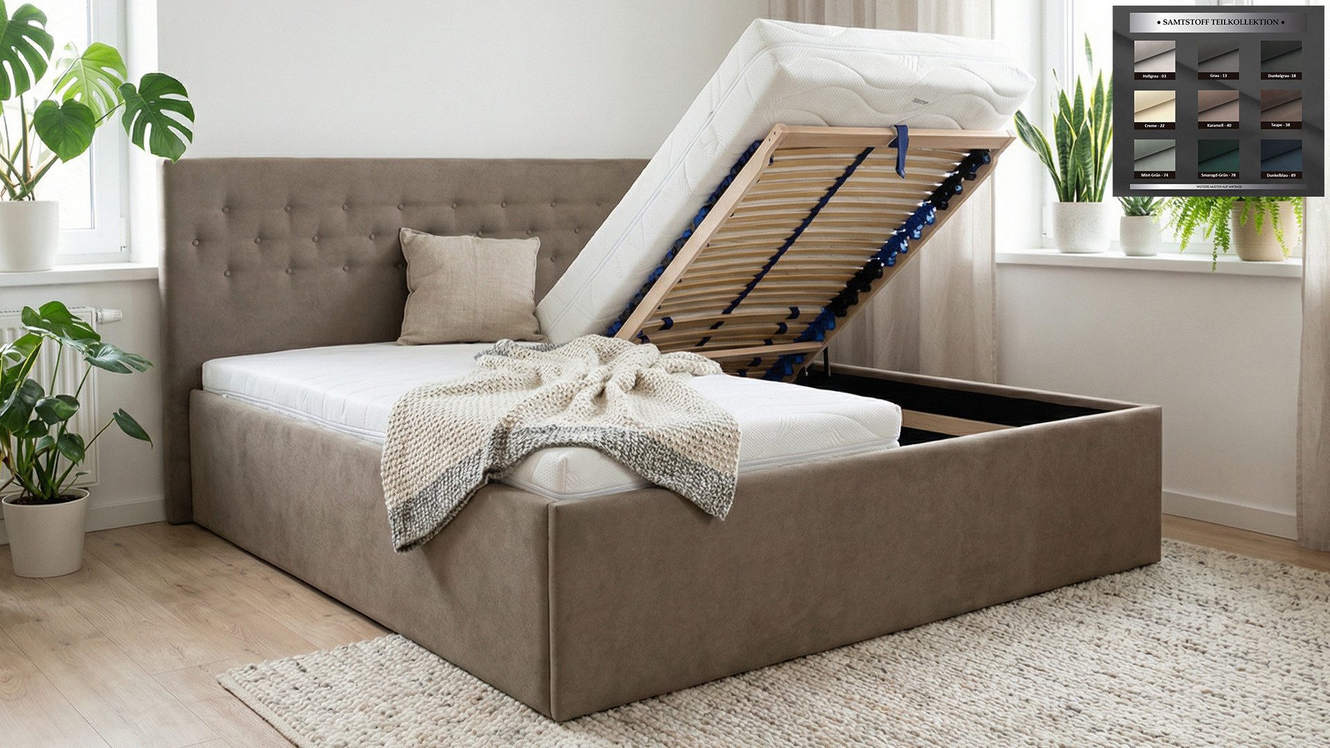 PAARA Polsterbett New York III mit Bettkasten Kopfteil verstellbar (Lattenroste/n)