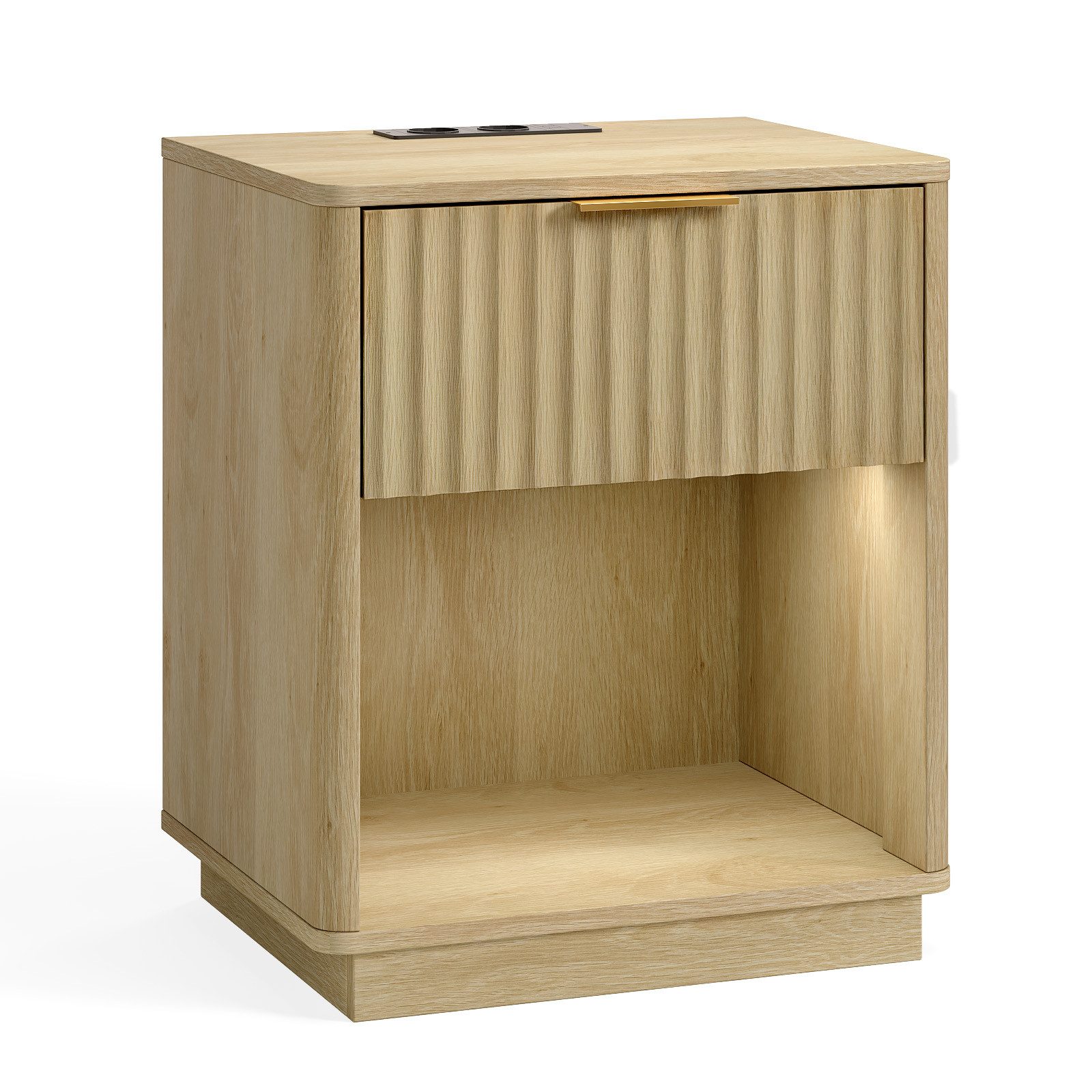 VINGLI Nachttisch mit Ladefunktion, Beistelltisch mit LED-Leuchten, Nachtschrank, mit Steckdosenleiste, USB & TYPE-C, goldfarbenem Griff