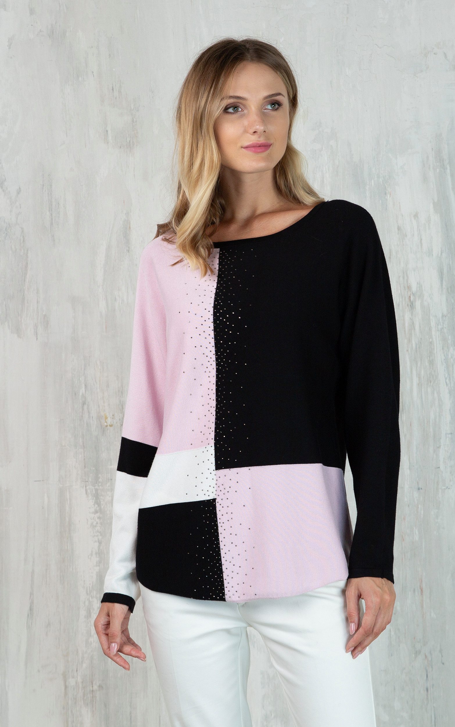 Passioni Strickpullover im Color Block-Design mit Strass günstig online kaufen