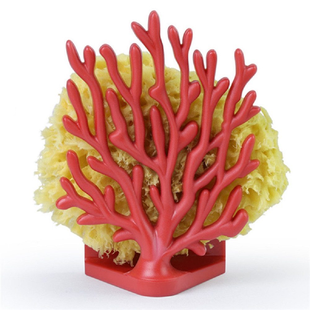 Qualy Design Schwammhalter Coral Koralle, (ca. 11 x 8 x 4,5 cm, 3-tlg., Halter, inkl. 2 Saugknöpfe), Kunststoff, hergestellt aus 3 recycelten 420 ml PET-Flaschen