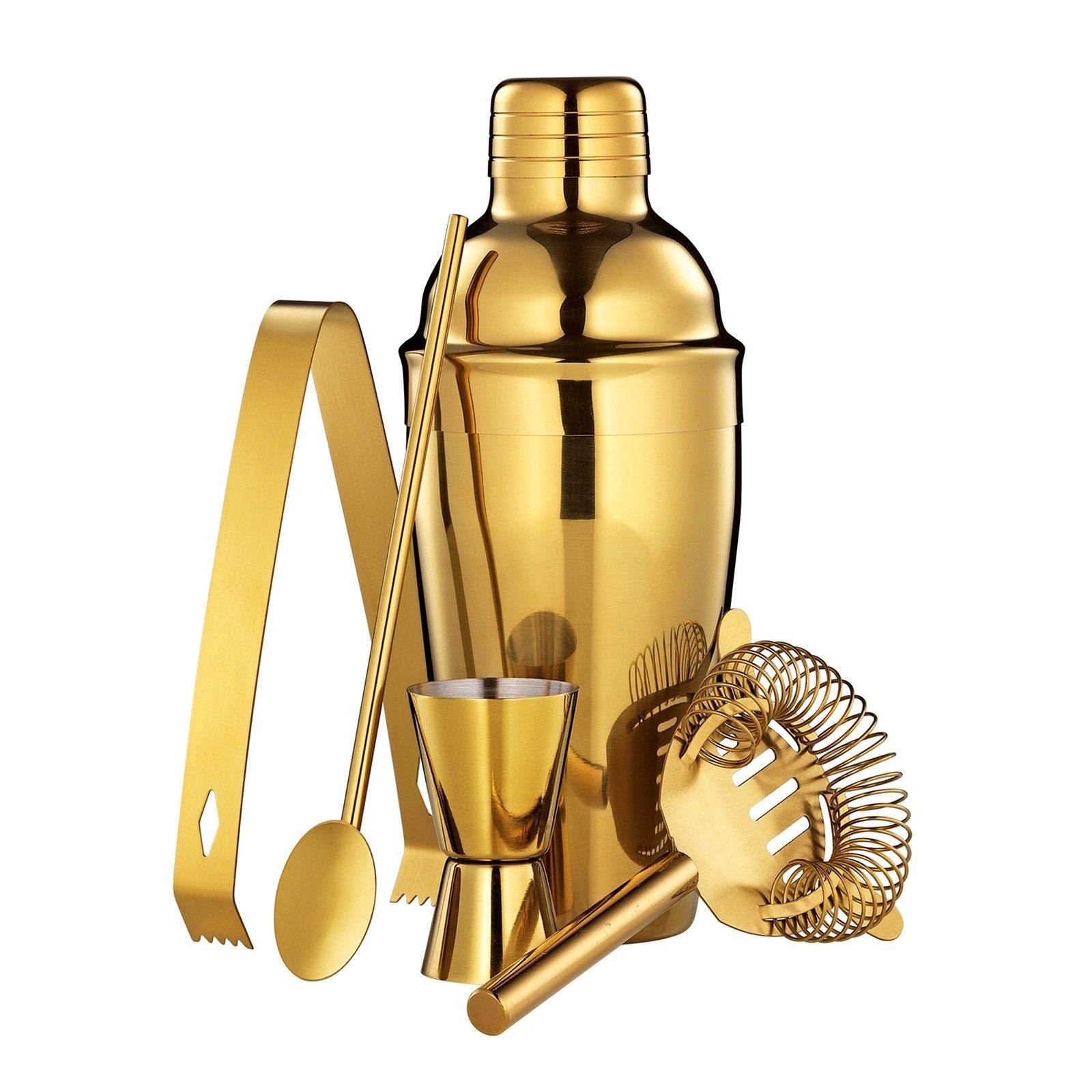Cilio Cocktail Shaker Bar-Set 5-teilig GOLDEN MULE, Edelstahl, (Set, 5-tlg., je 1x Cocktailshaker, Cocktaillöffel, Barmaß, Barsieb und Eiszange), Shaker Cocktaillöffel Barmaß Barsieb Eiszange
